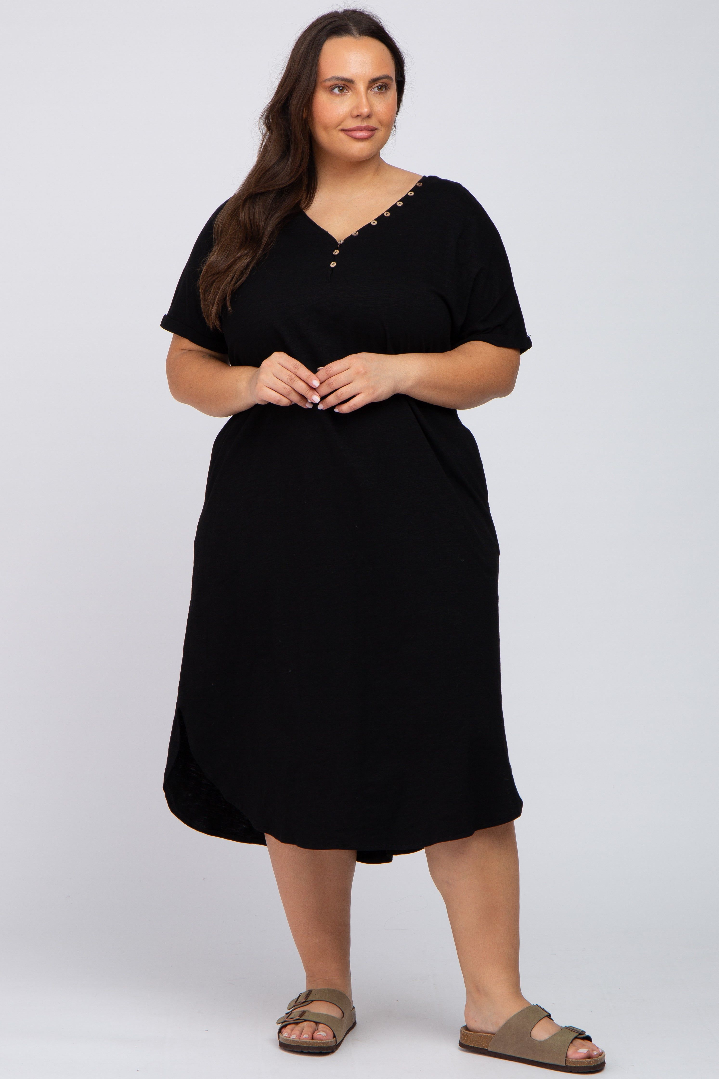 Black Button Neck Round Hem Plus Dress sold by Pinkblush