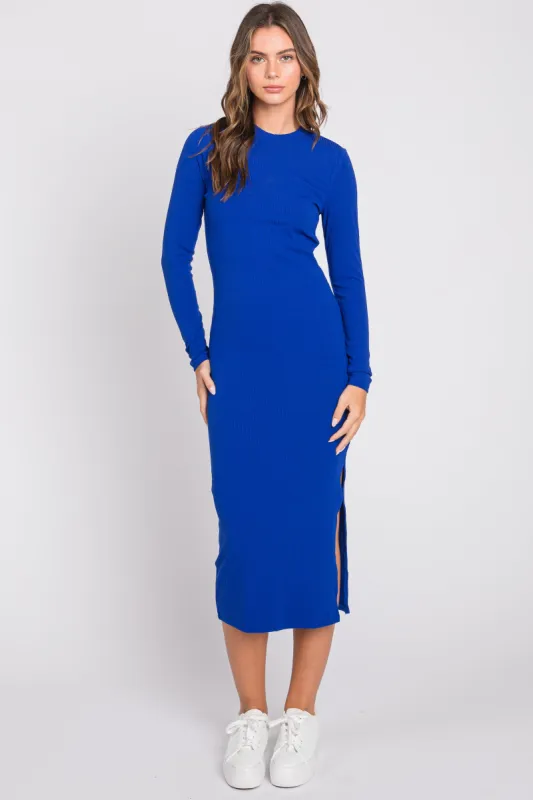 Royal Blue Ribbed Mock Neck Long Sleeve Midi Dress sold by Pinkblush