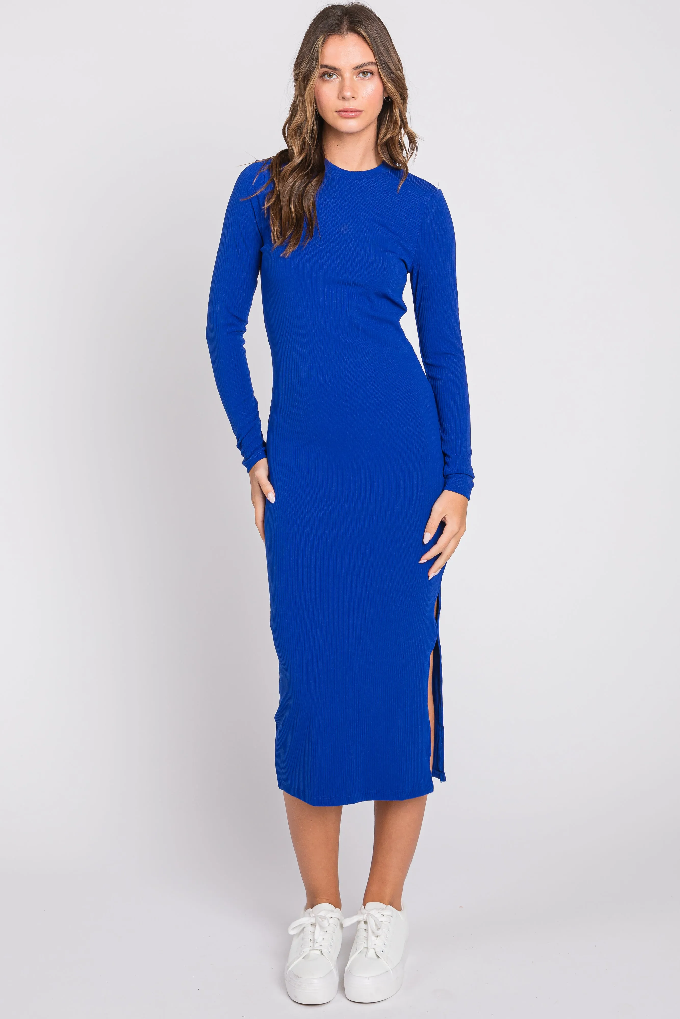 Royal Blue Ribbed Mock Neck Long Sleeve Midi Dress sold by Pinkblush