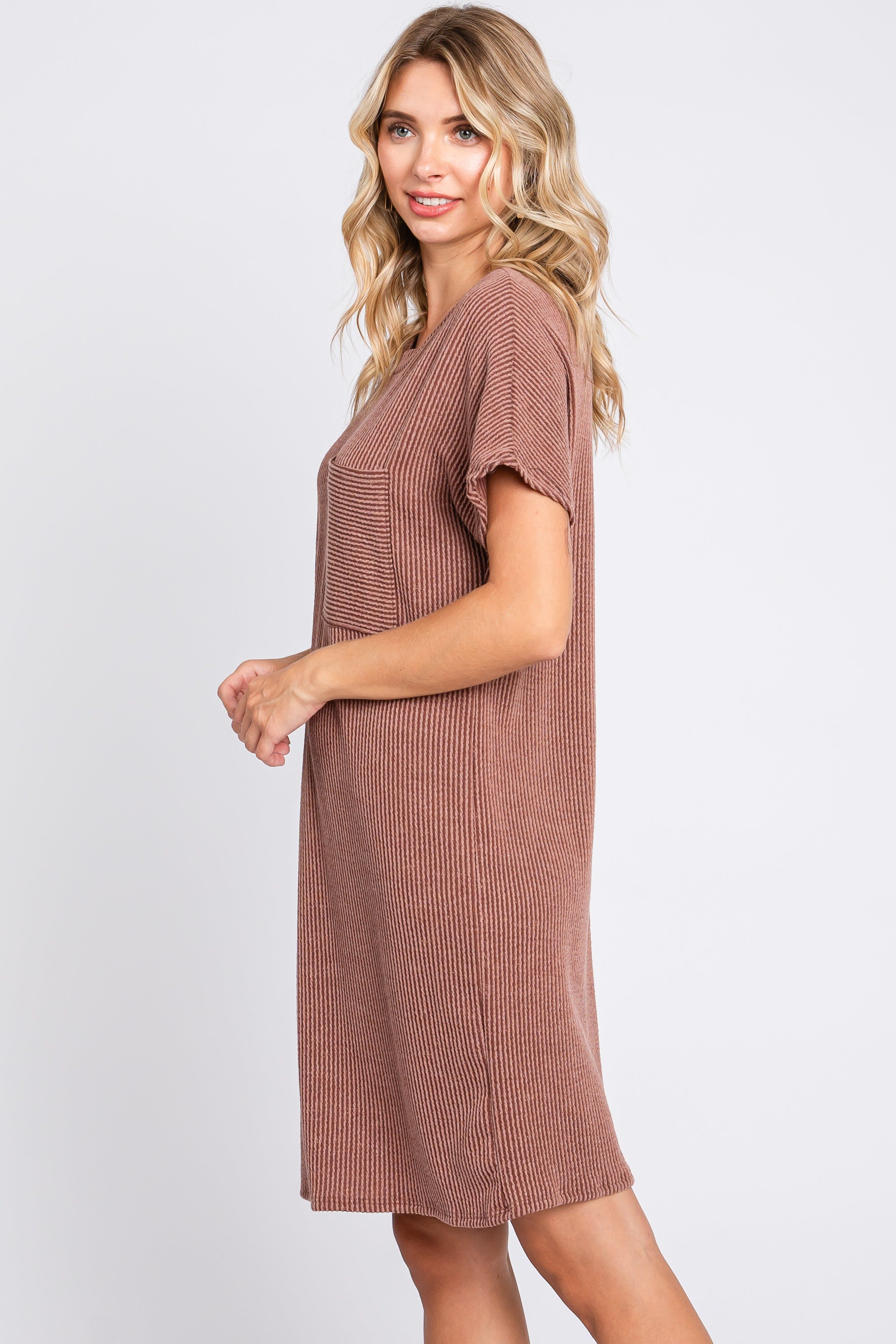 Brown Ribbed Front Pocket Dolman Short Sleeve Dress sold by Pinkblush product image thumbnail 2
