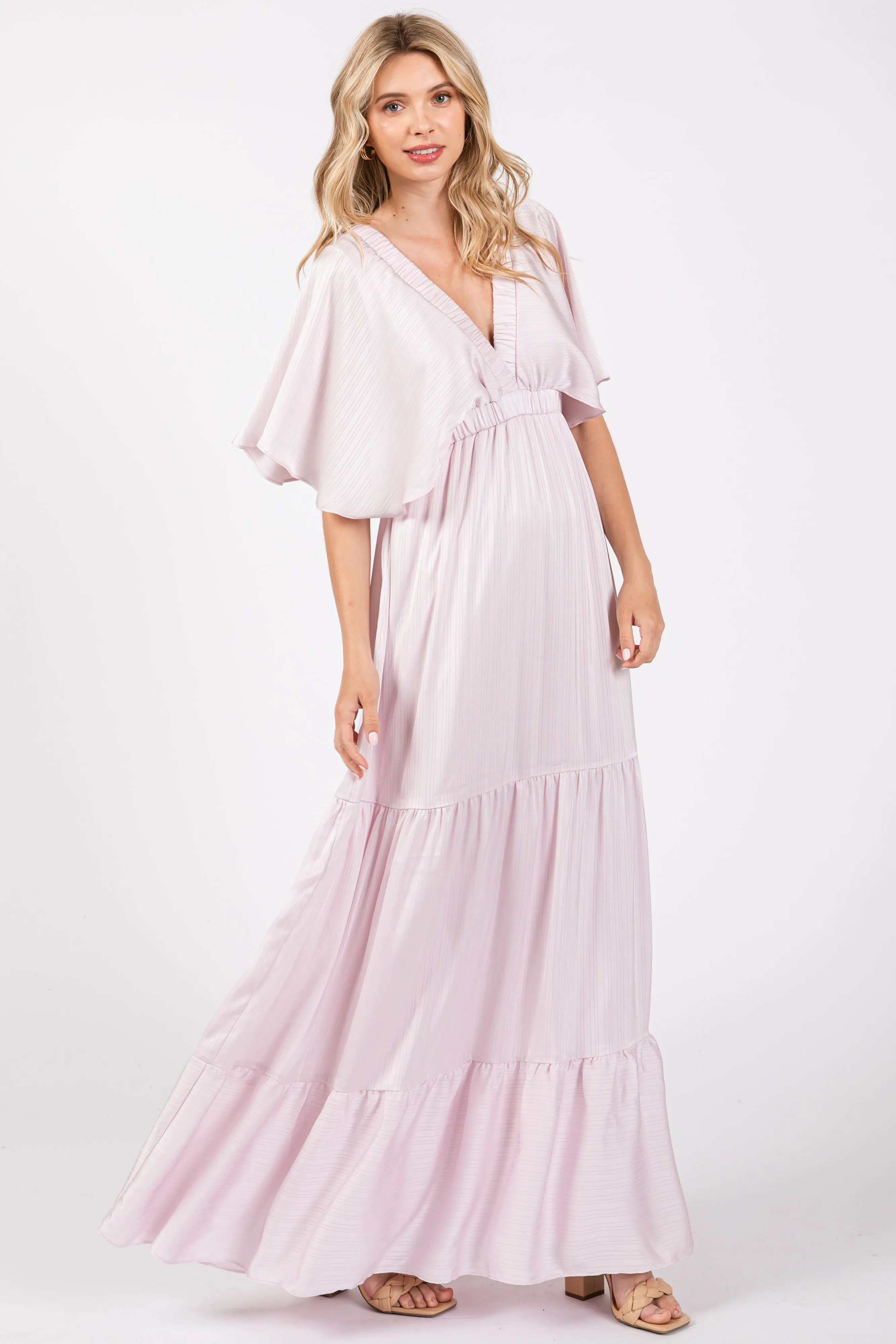Light Pink V-Neck Flutter Sleeve Tiered Maxi Dress sold by Pinkblush product image thumbnail 2