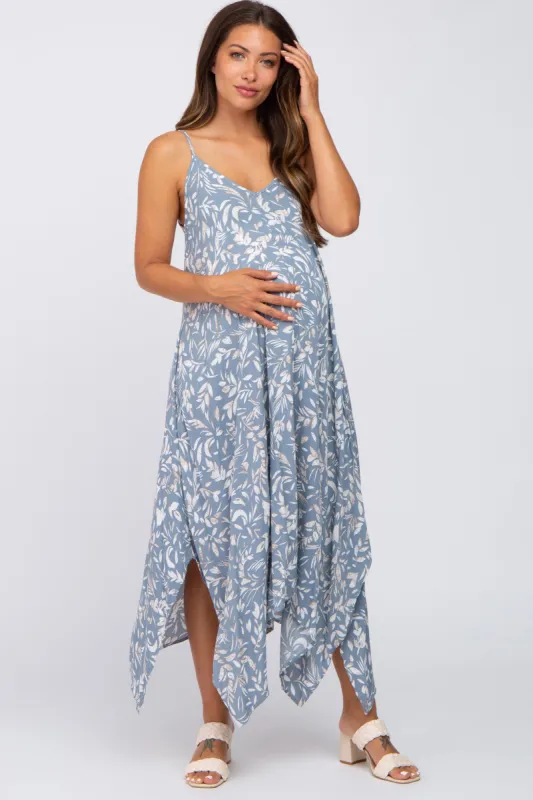 Blue Floral Handkerchief Maternity Midi Dress sold by Pinkblush
