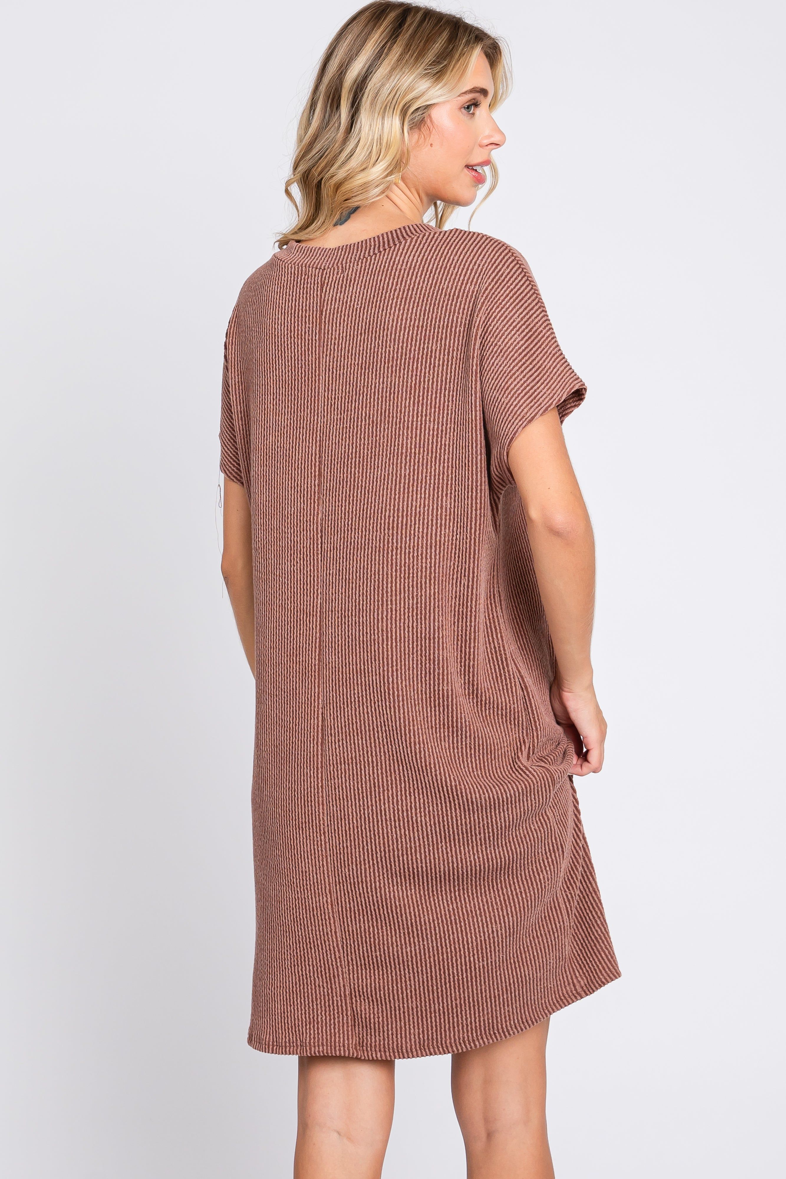 Brown Ribbed Front Pocket Dolman Short Sleeve Dress sold by Pinkblush product image thumbnail 3