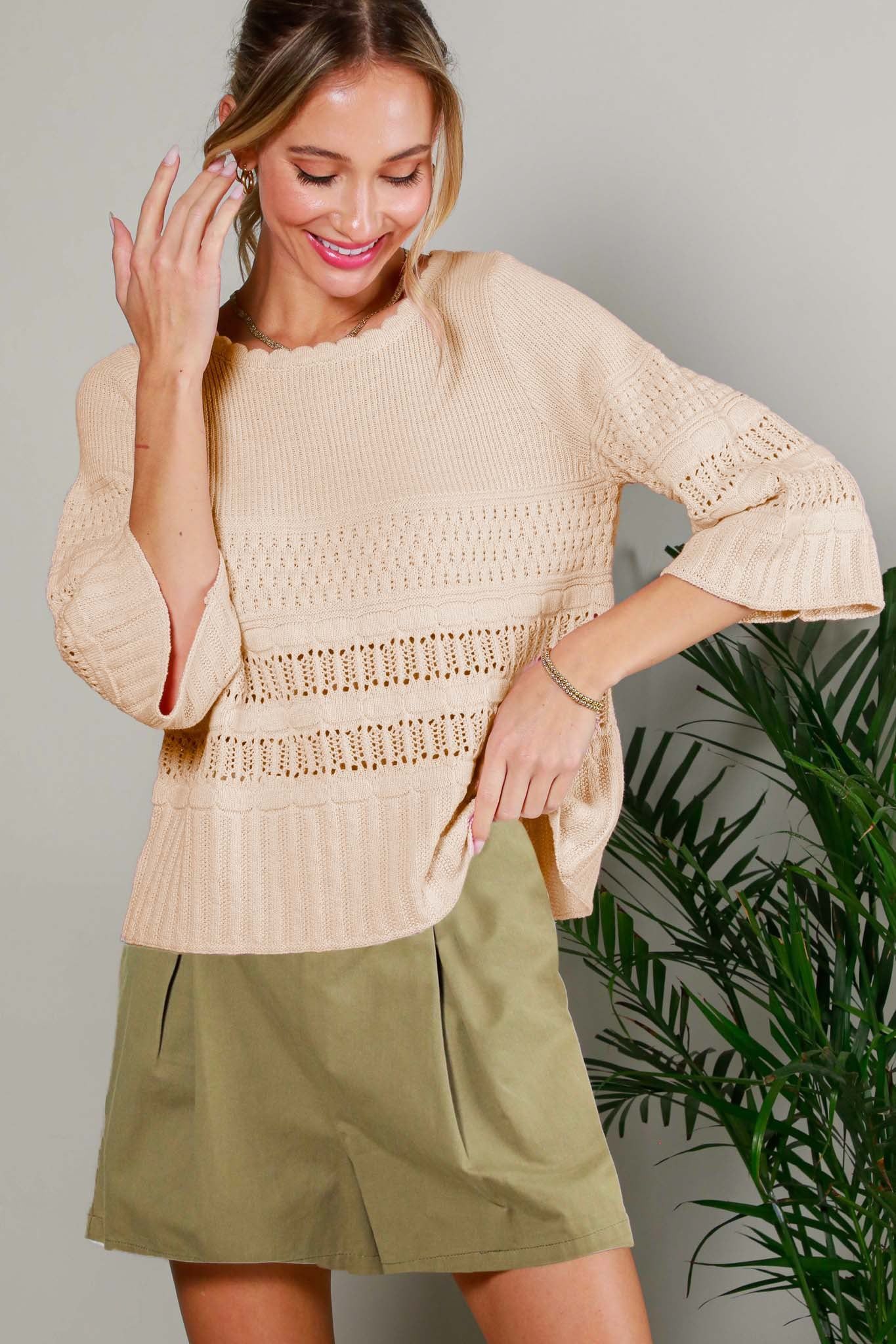 Cream 3/4 Sleeve Textured Sweater Top sold by Pinkblush product image thumbnail 3