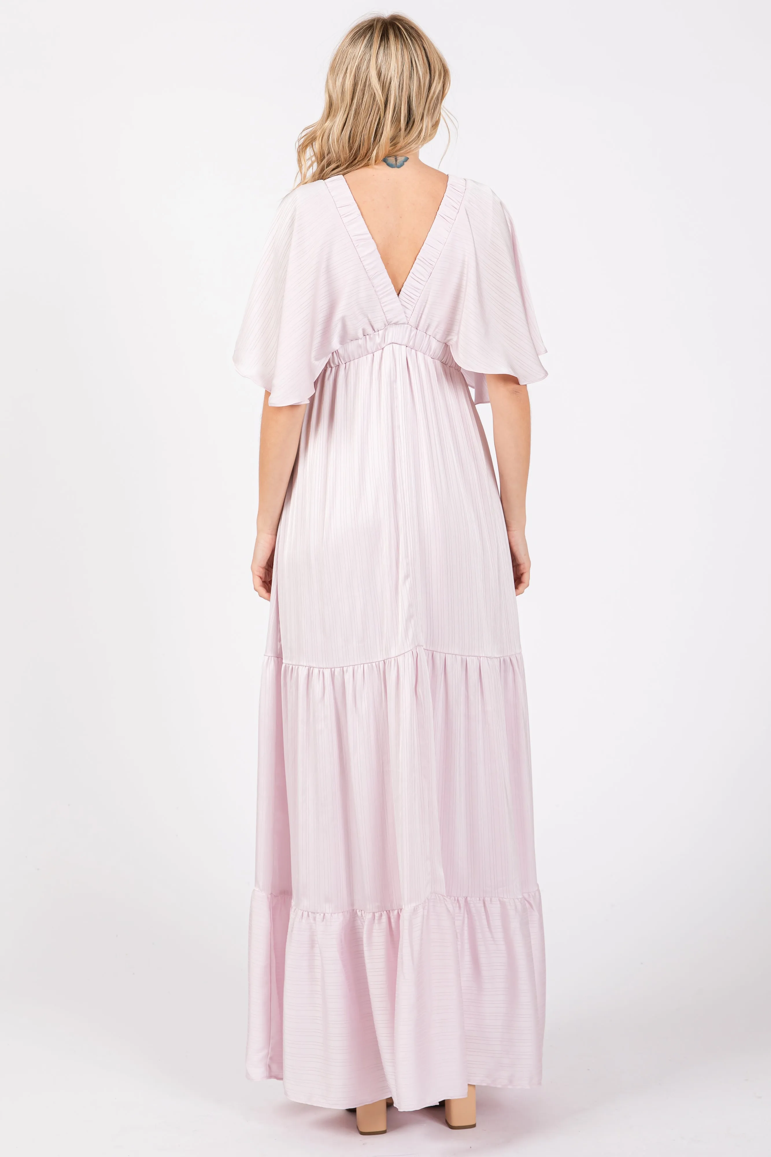 Light Pink V-Neck Flutter Sleeve Tiered Maxi Dress sold by Pinkblush product image thumbnail 3