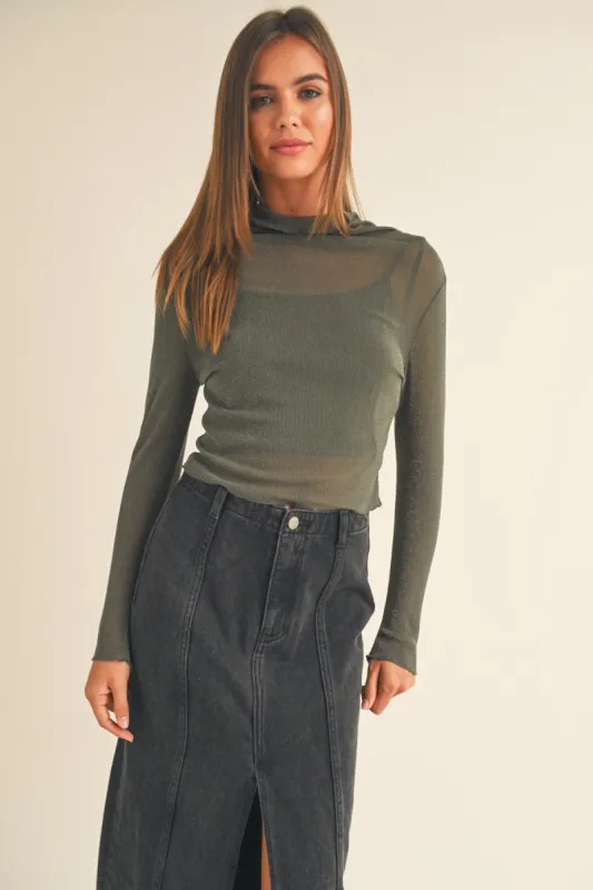 Olive Meshed With Sparkle Long Sleeve Top sold by Pinkblush