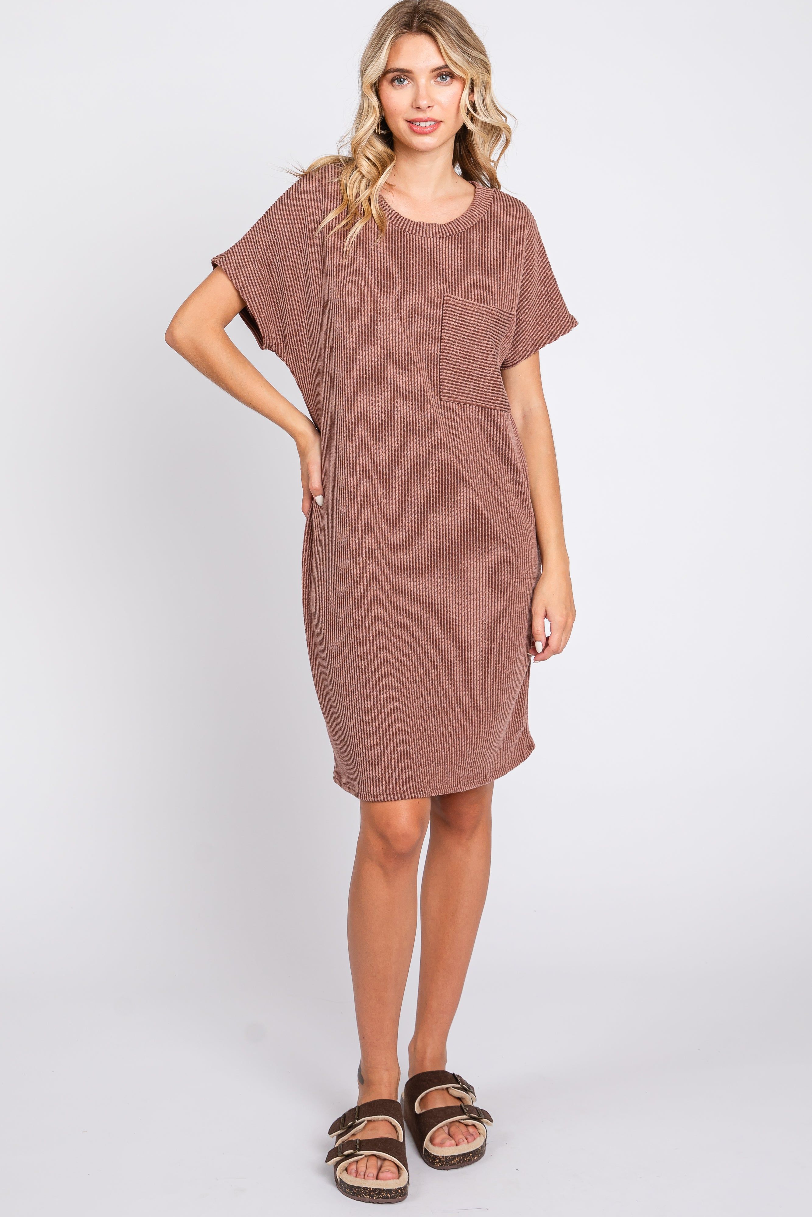 Brown Ribbed Front Pocket Dolman Short Sleeve Dress sold by Pinkblush product image thumbnail 4