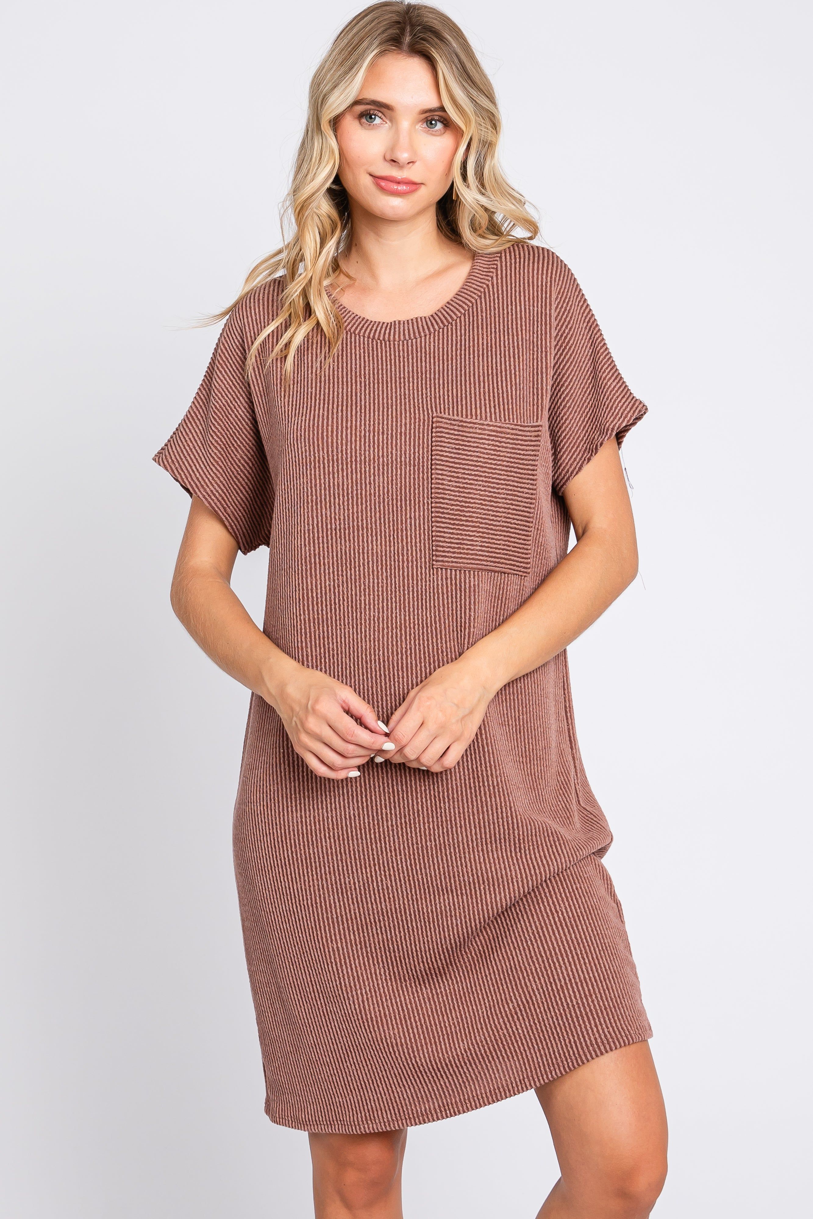 Brown Ribbed Front Pocket Dolman Short Sleeve Dress sold by Pinkblush