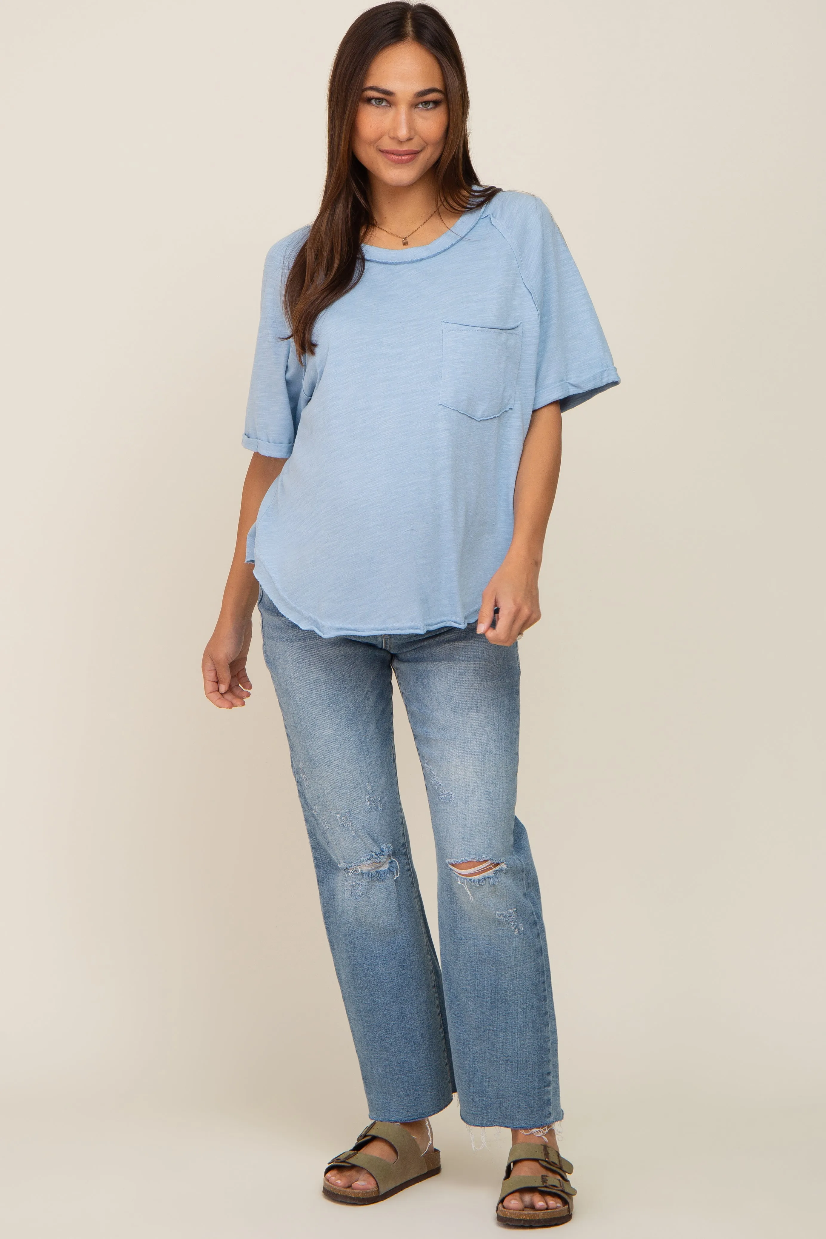 Light Blue Front Pocket Raw Edge Trim Short Sleeve Maternity Top sold by Pinkblush product image thumbnail 4