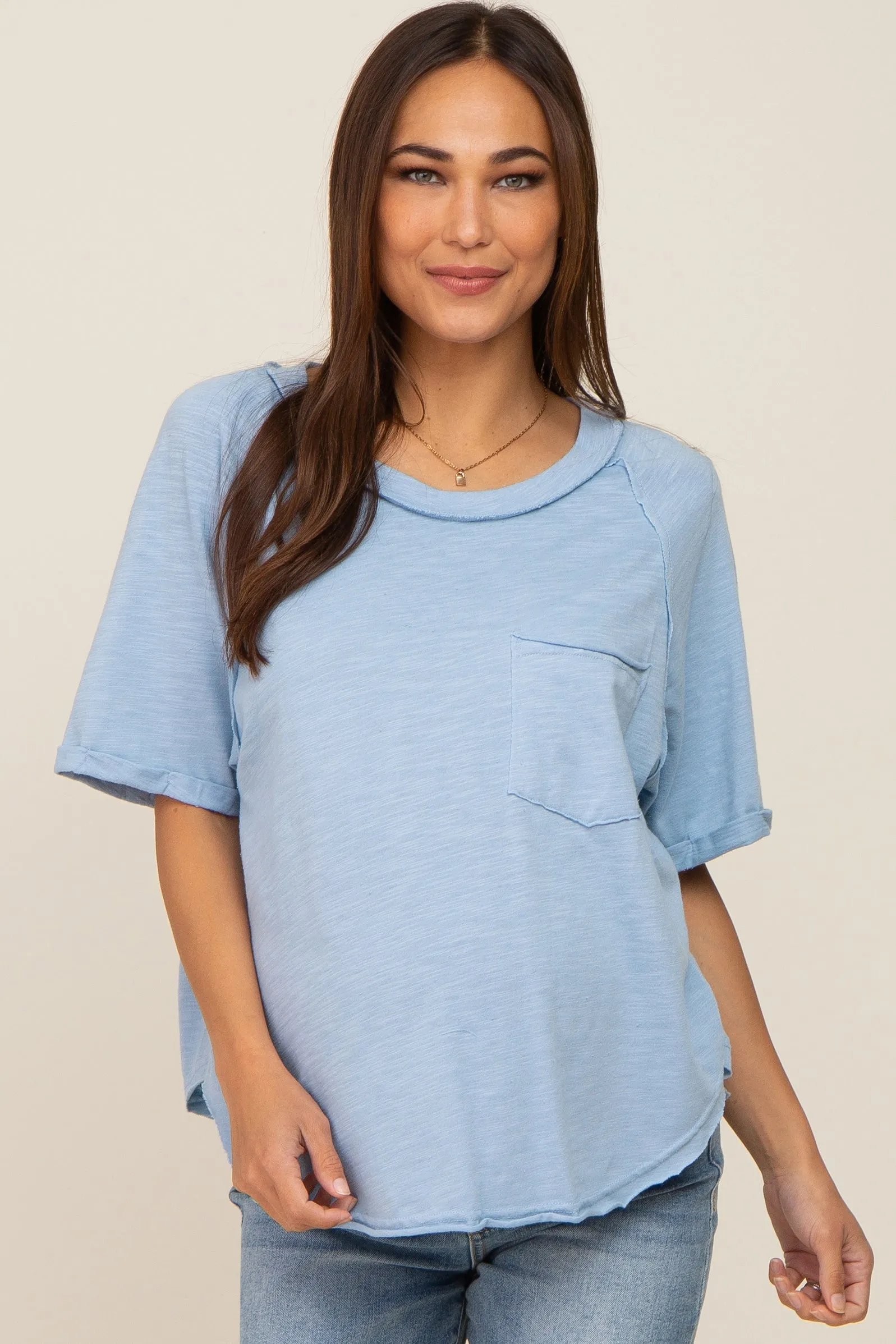 Light Blue Front Pocket Raw Edge Trim Short Sleeve Maternity Top sold by Pinkblush