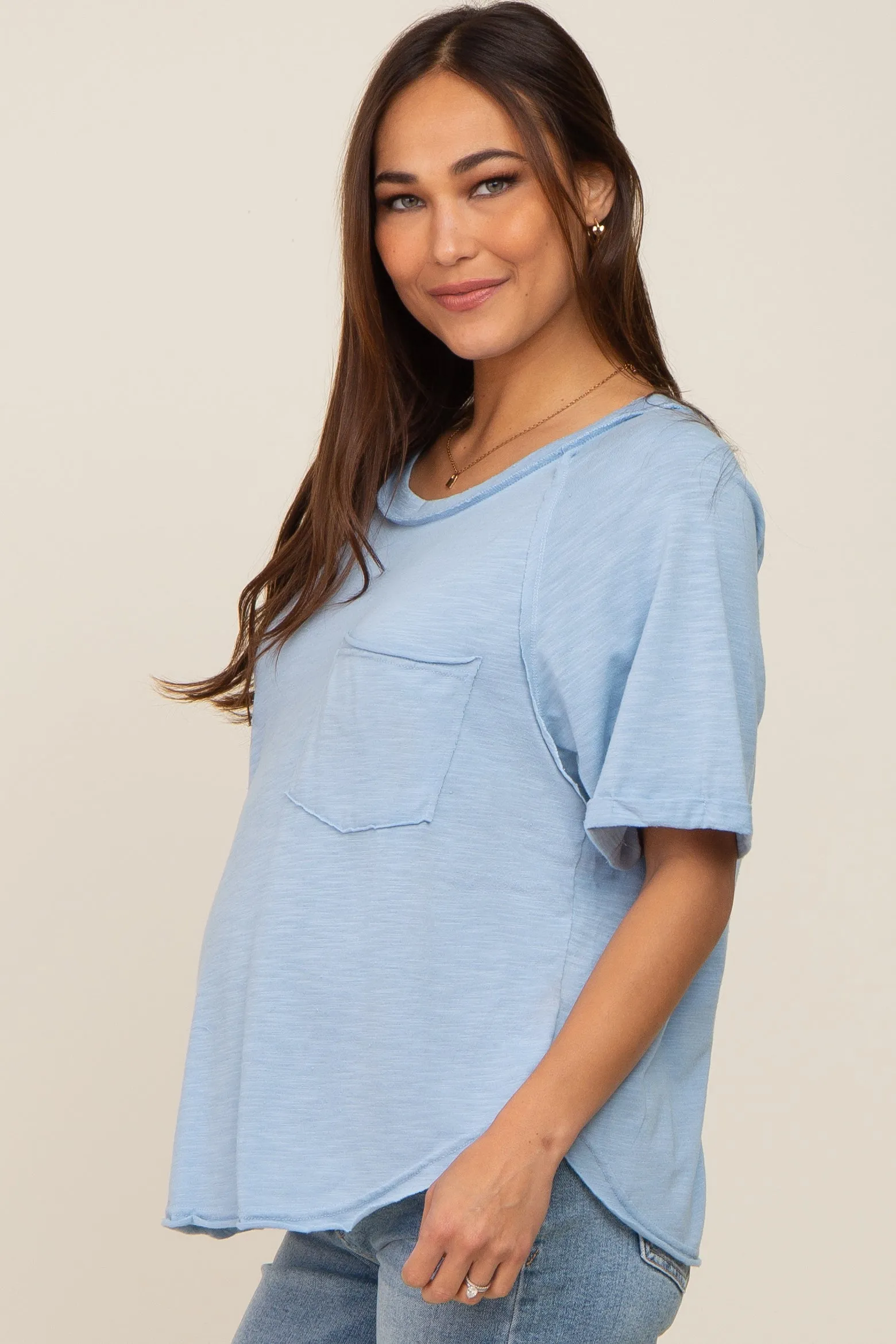 Light Blue Front Pocket Raw Edge Trim Short Sleeve Maternity Top sold by Pinkblush product image thumbnail 2