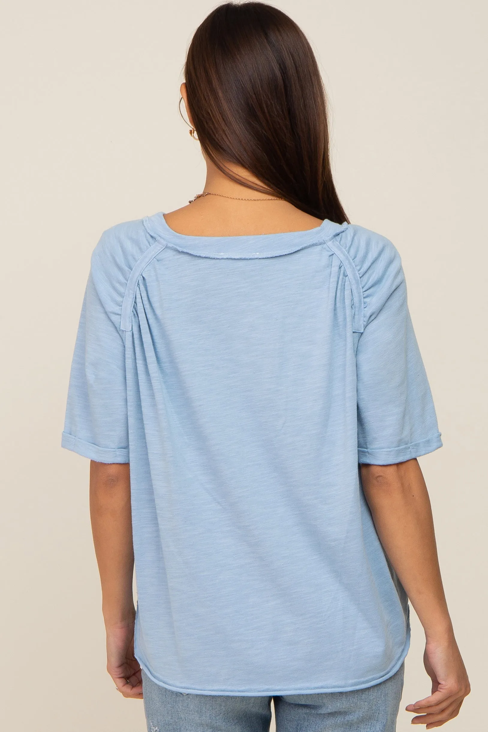 Light Blue Front Pocket Raw Edge Trim Short Sleeve Maternity Top sold by Pinkblush product image thumbnail 3