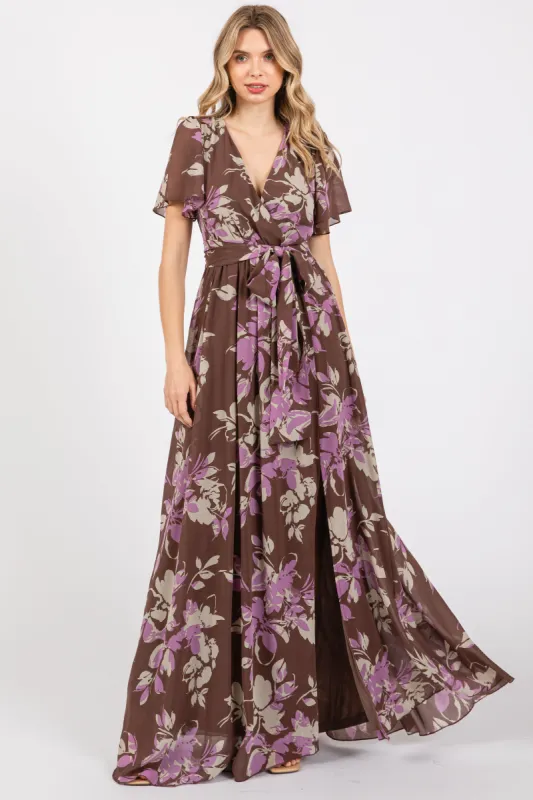 Brown Floral V-Neck Side Slit Dress sold by Pinkblush