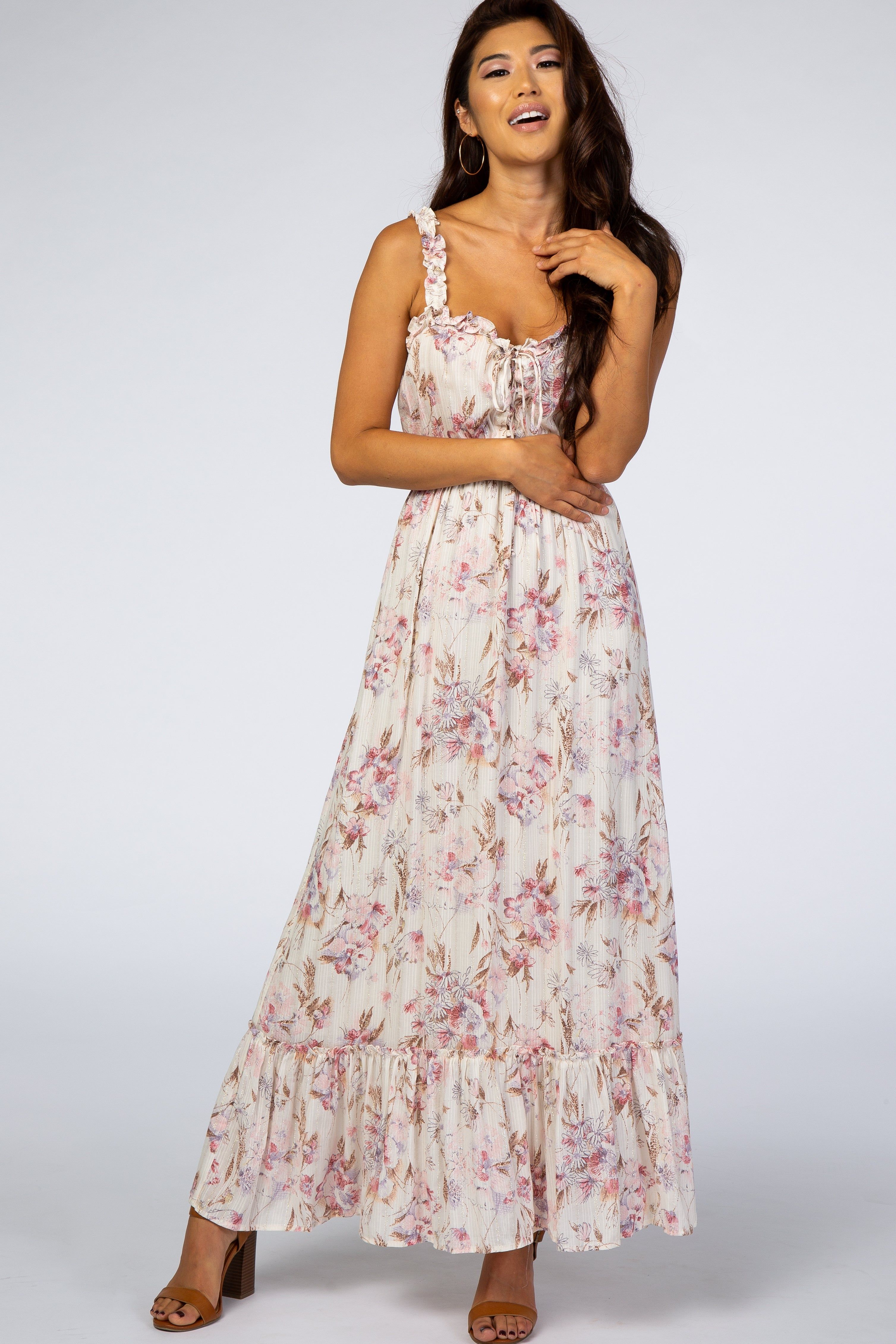 Cream Floral Shimmer Lace-Up Maxi Dress sold by Pinkblush product image thumbnail 4