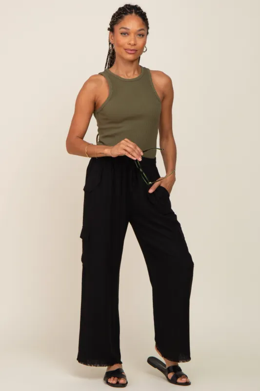Black Raw Hem Cargo Pants sold by Pinkblush