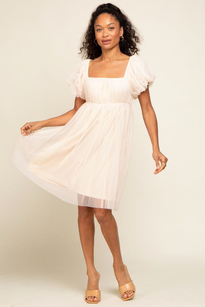Beige Tulle Puff Sleeve Dress sold by Pinkblush