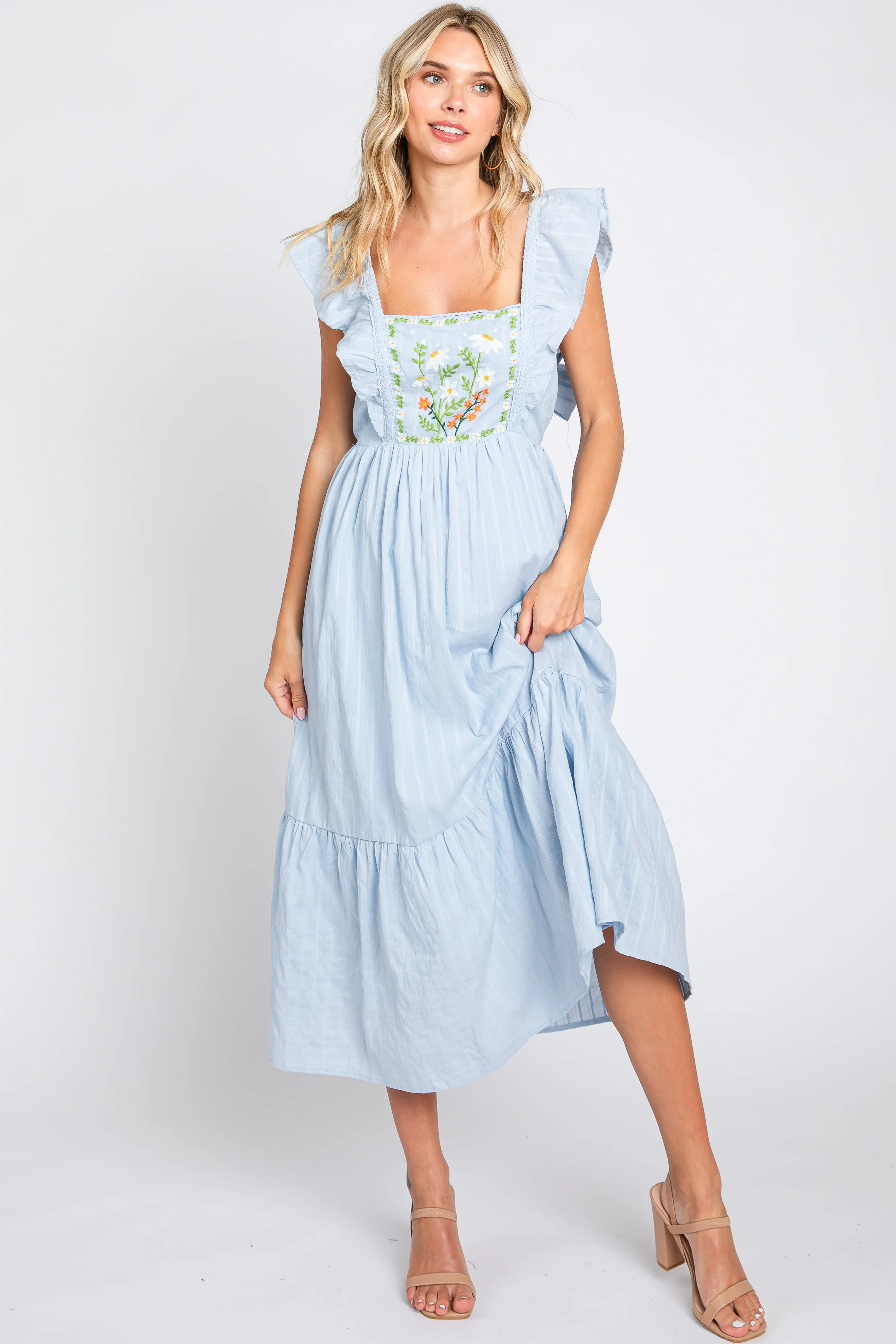 Light Blue Floral Embroidered Tie Back Midi Dress sold by Pinkblush product image thumbnail 4