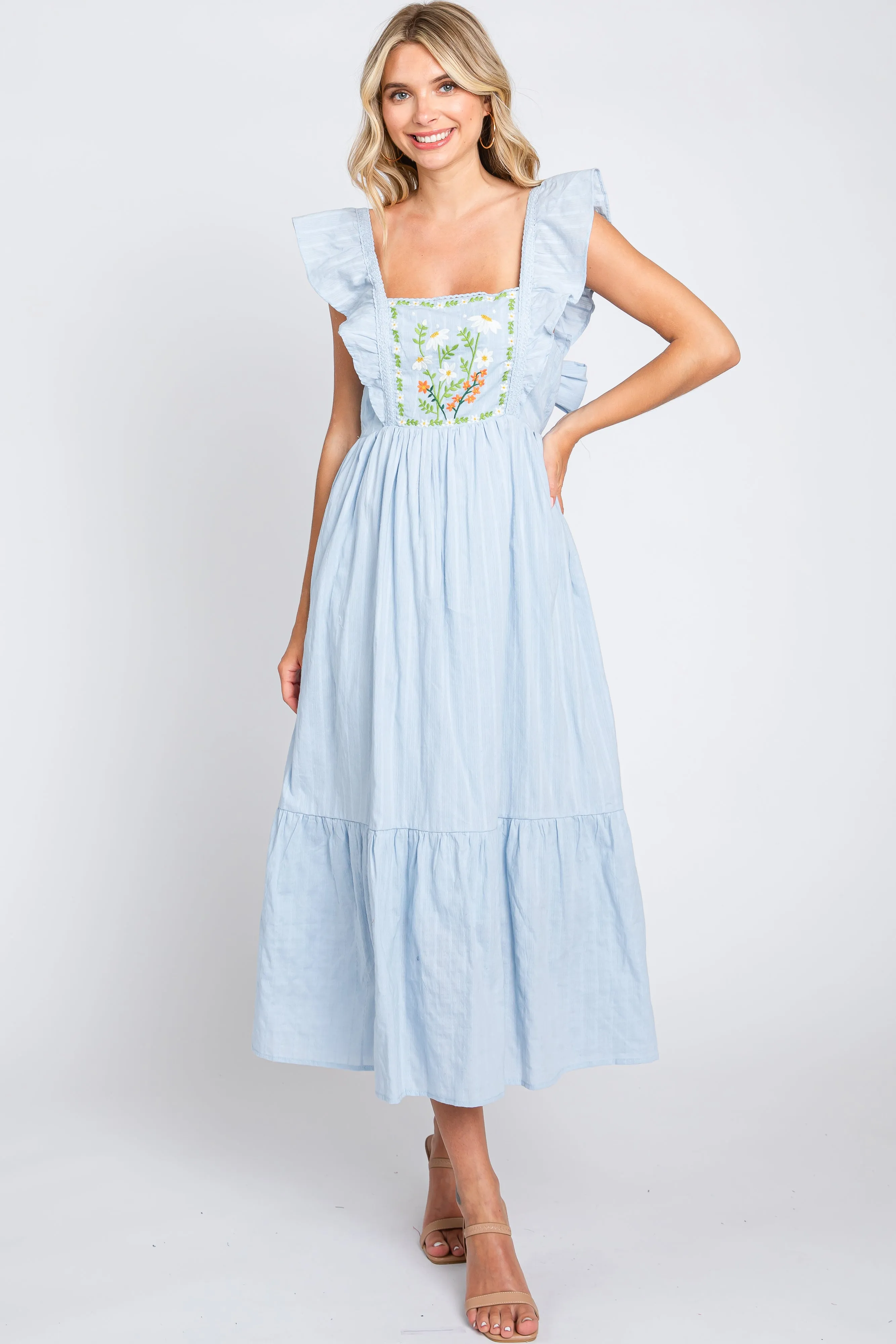 Light Blue Floral Embroidered Tie Back Midi Dress sold by Pinkblush