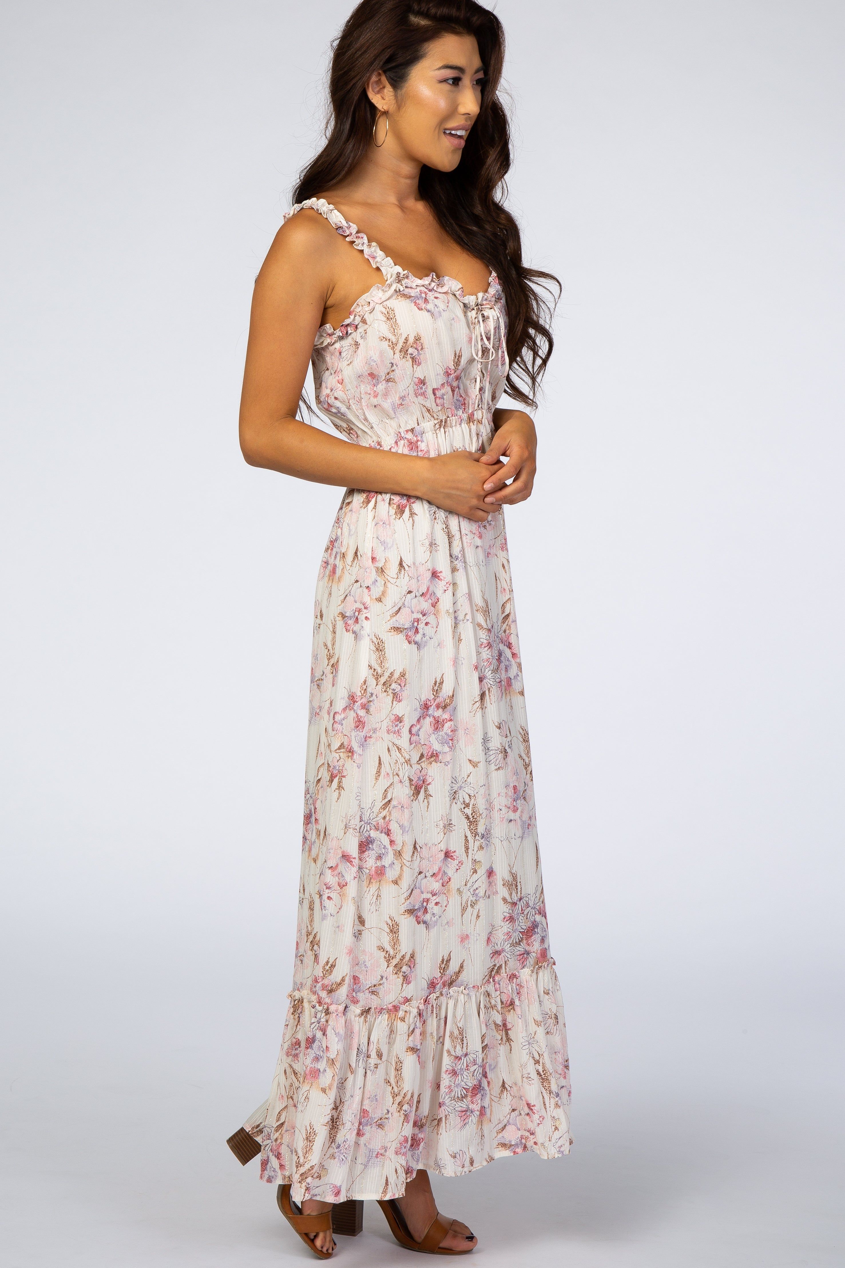 Cream Floral Shimmer Lace-Up Maxi Dress sold by Pinkblush product image thumbnail 2