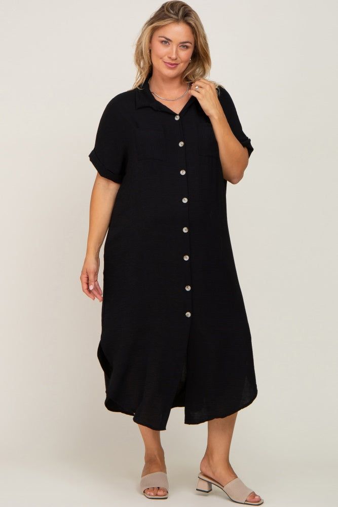 Black Button Down Hi Low Maternity Plus Maxi Dress sold by Pinkblush