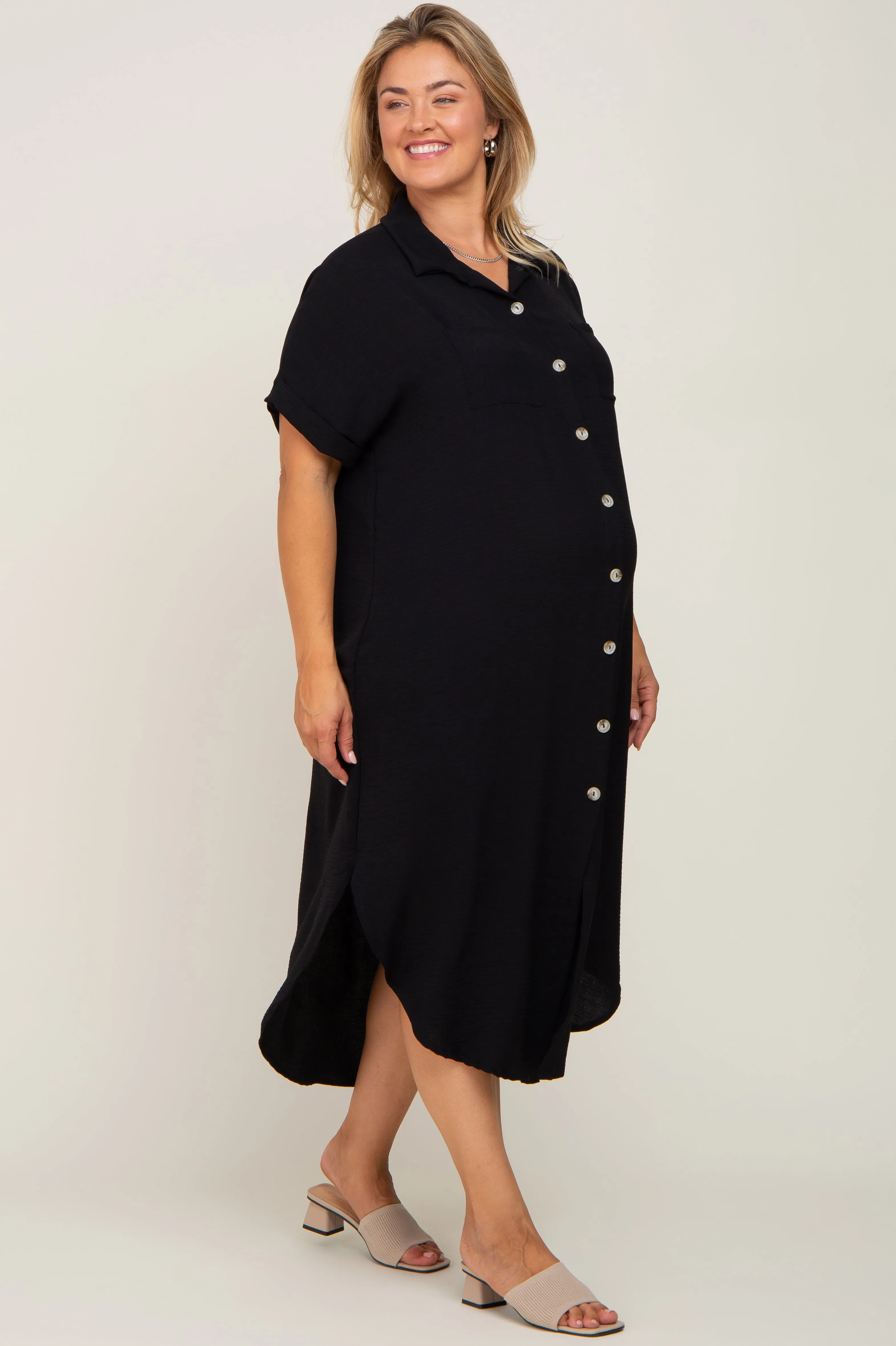 Black Button Down Hi Low Maternity Plus Maxi Dress sold by Pinkblush product image thumbnail 2