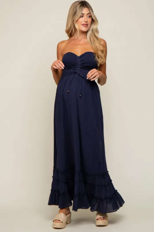 Navy Smocked Cutout Back Maternity Maxi Dress sold by Pinkblush