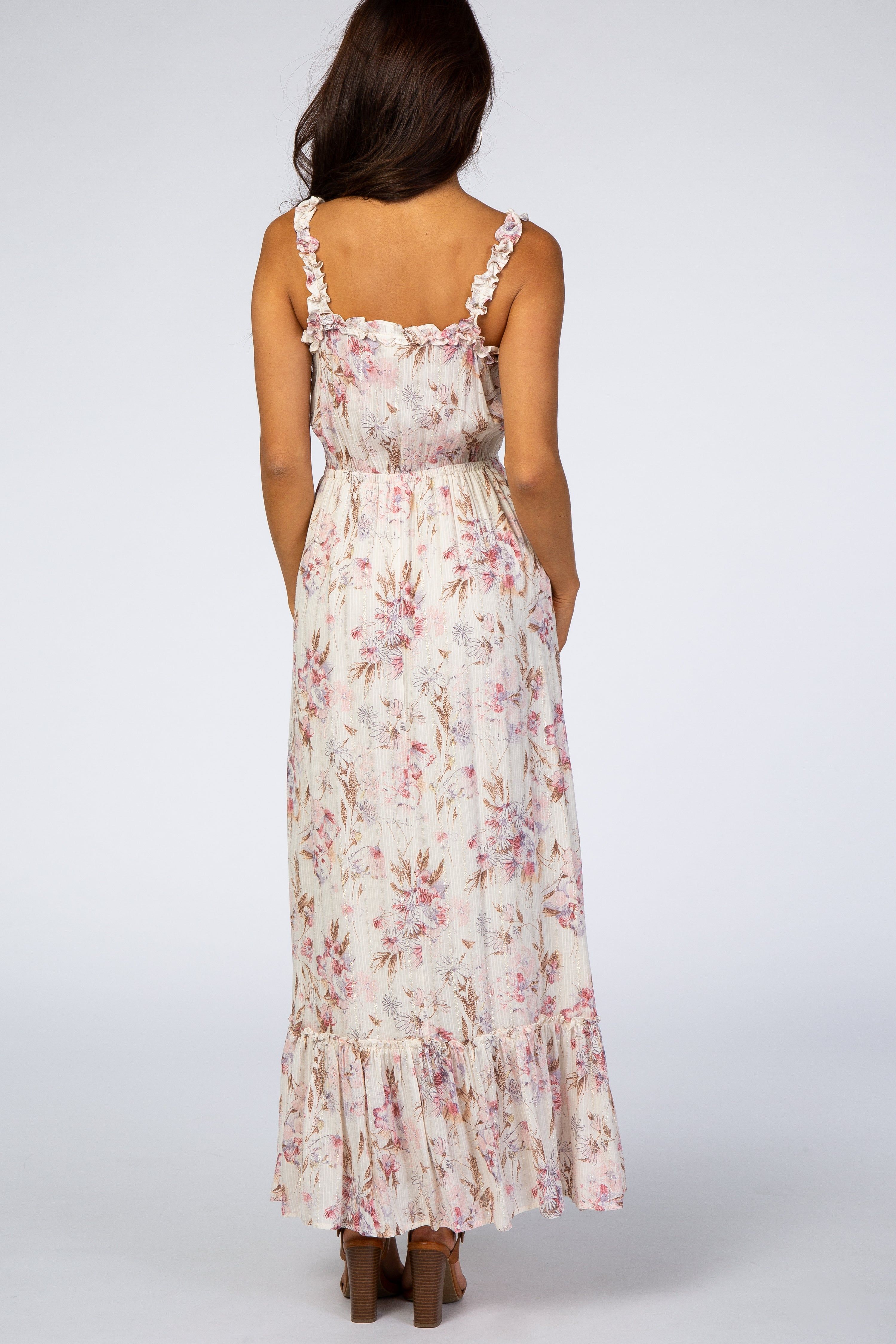Cream Floral Shimmer Lace-Up Maxi Dress sold by Pinkblush product image thumbnail 3