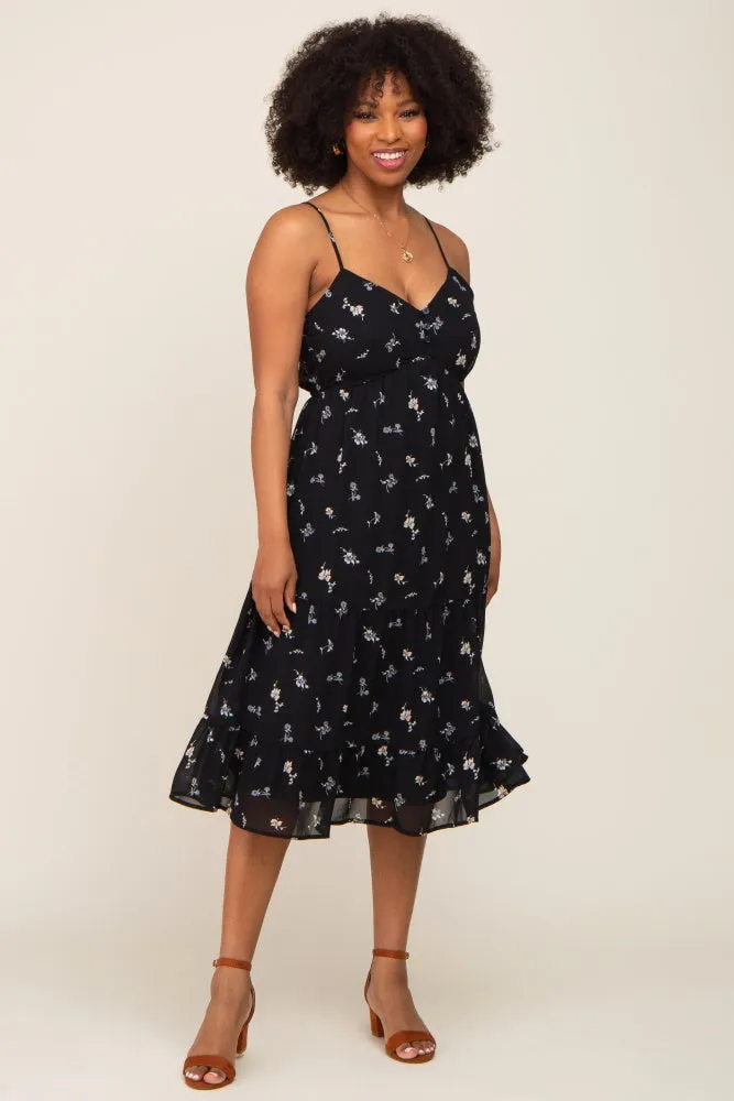 Black Floral Button Tiered Midi Dress sold by Pinkblush product image thumbnail 4