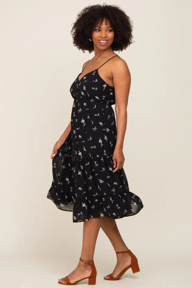Black Floral Button Tiered Midi Dress sold by Pinkblush product image thumbnail 2
