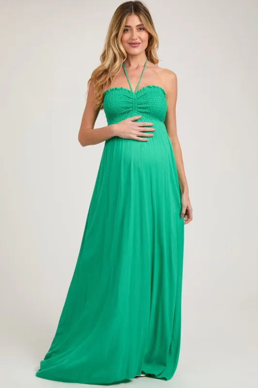 Green Smocked Halter Maternity Maxi Dress sold by Pinkblush