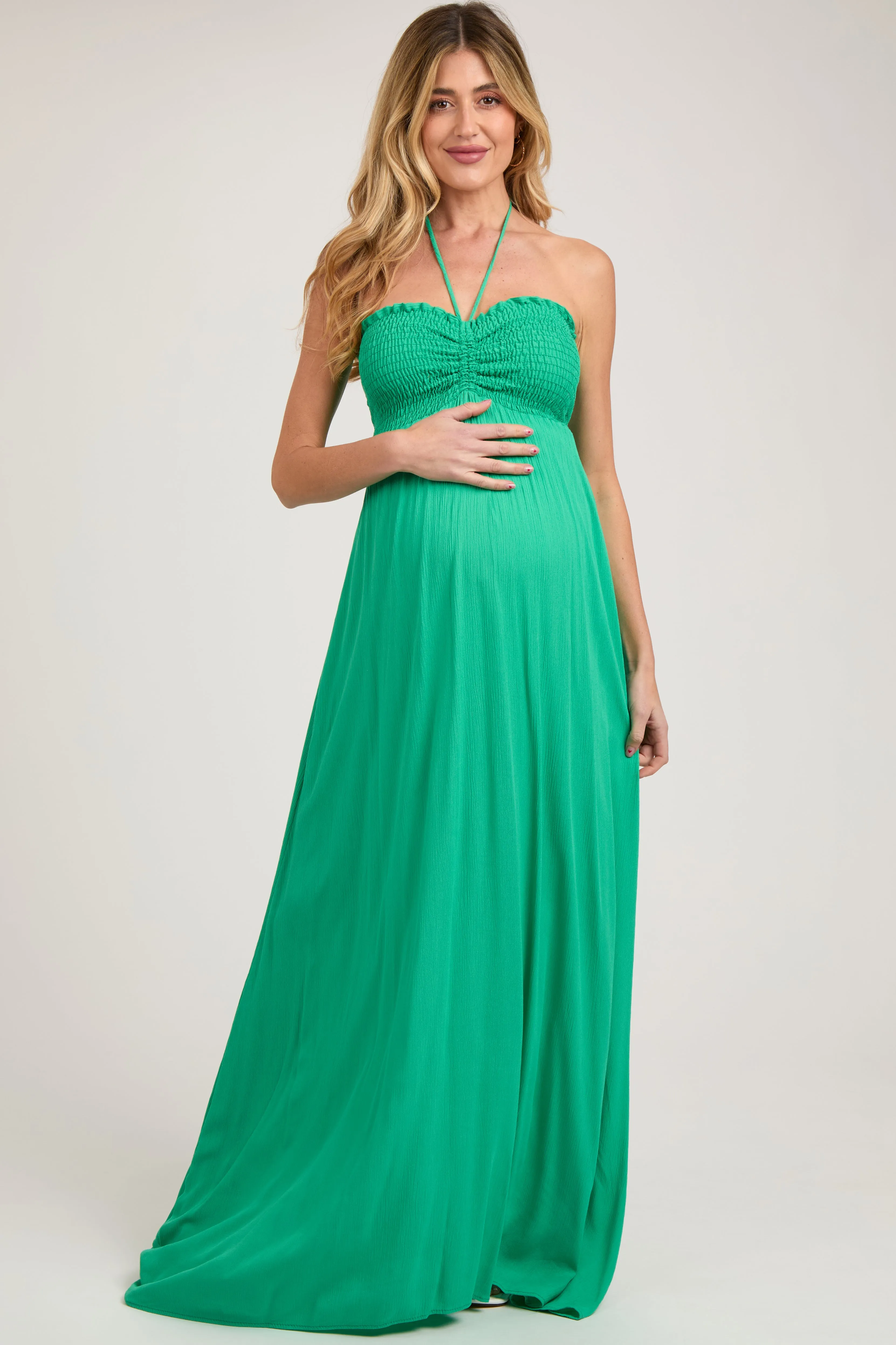 Green Smocked Halter Maternity Maxi Dress sold by Pinkblush