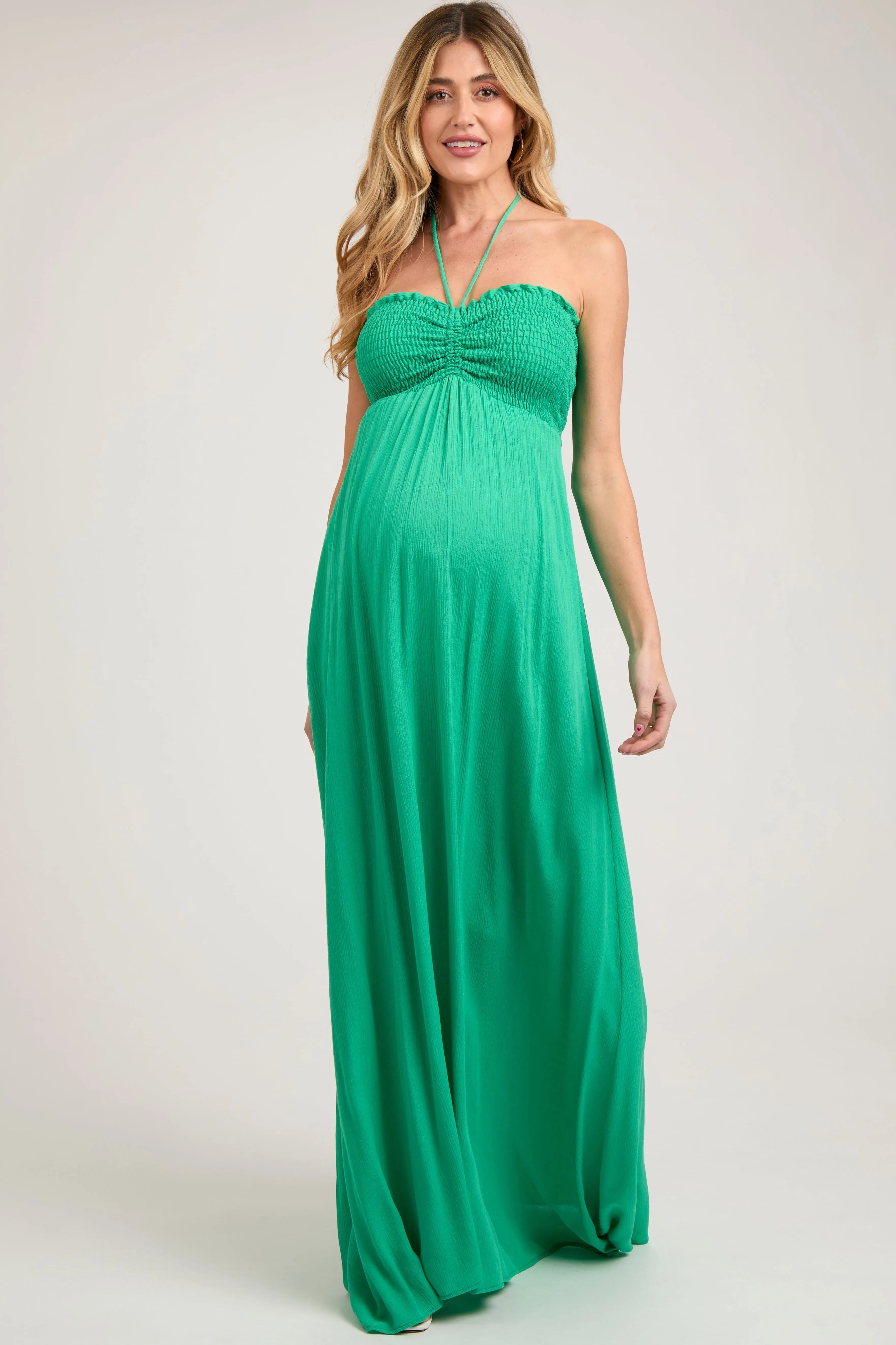 Green Smocked Halter Maternity Maxi Dress sold by Pinkblush product image thumbnail 2