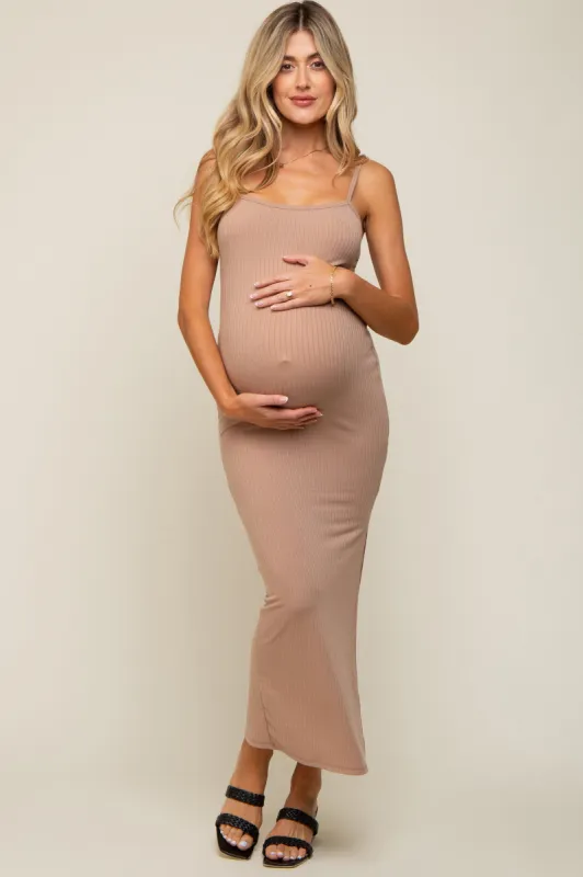 Mocha Ribbed Side Slit Maternity Midi Dress sold by Pinkblush