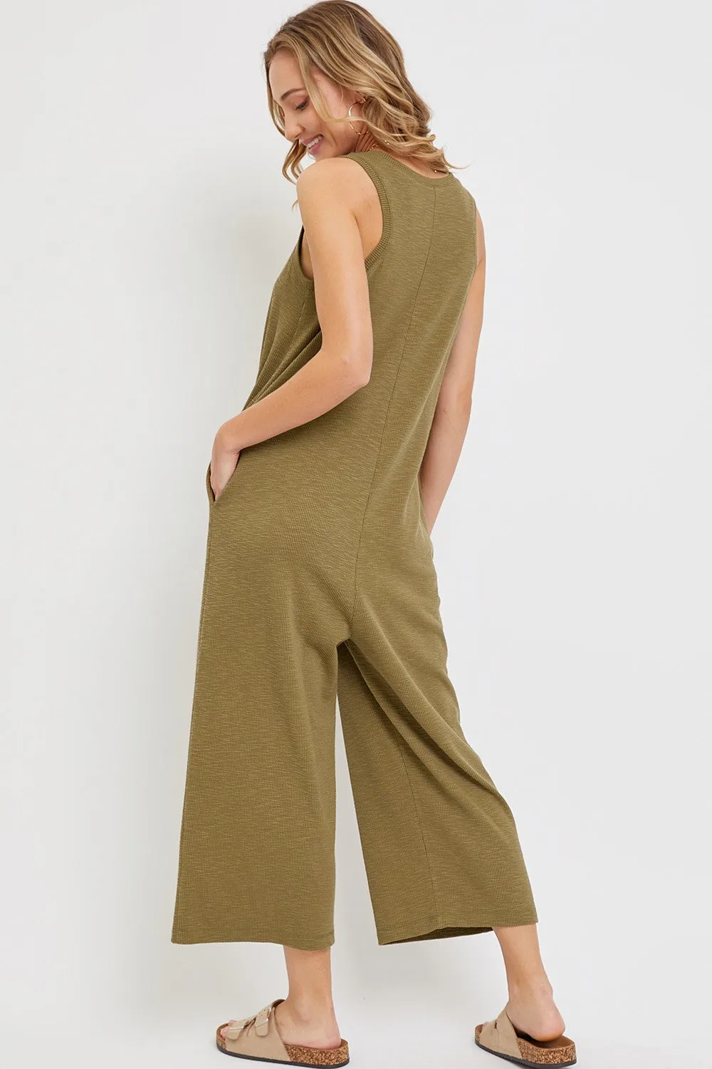 Olive Ribbed Button Front Sleeveless Jumpsuit sold by Pinkblush product image thumbnail 3