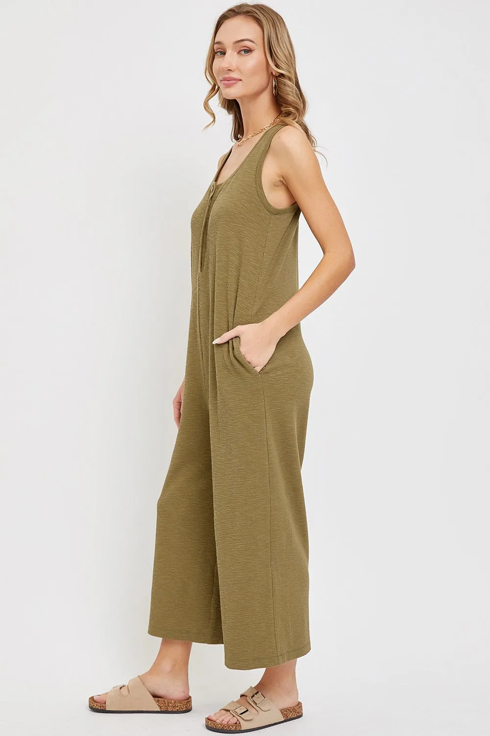 Olive Ribbed Button Front Sleeveless Jumpsuit sold by Pinkblush product image thumbnail 2