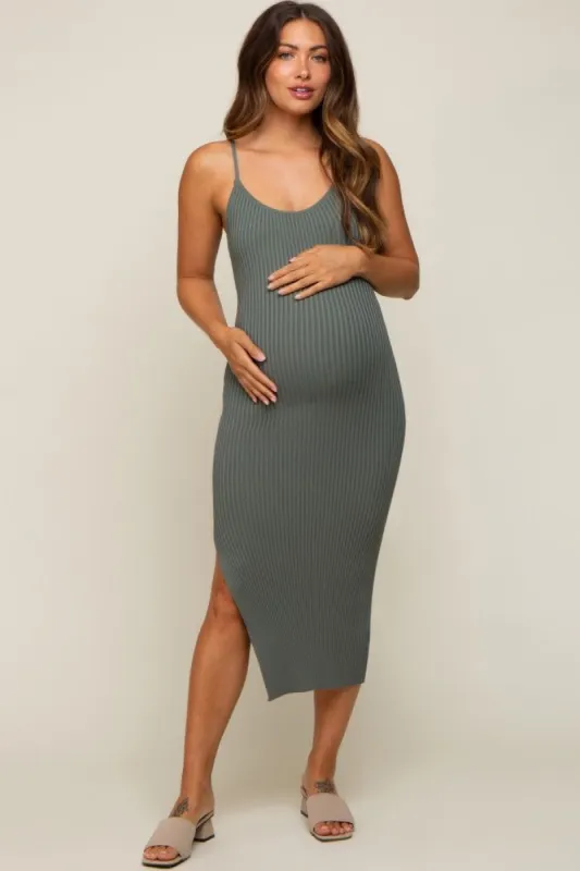 Olive Ribbed Sleeveless Side Slit Maternity Midi Dress sold by Pinkblush