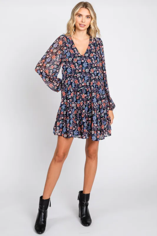Navy Floral Chiffon Mini Dress sold by Pinkblush