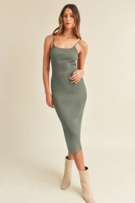 Olive Ribbed Sleeveless Side Slit Midi Dress sold by Pinkblush