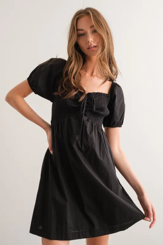 Black Smocked Torso Puff Sleeve Mini Dress sold by Pinkblush