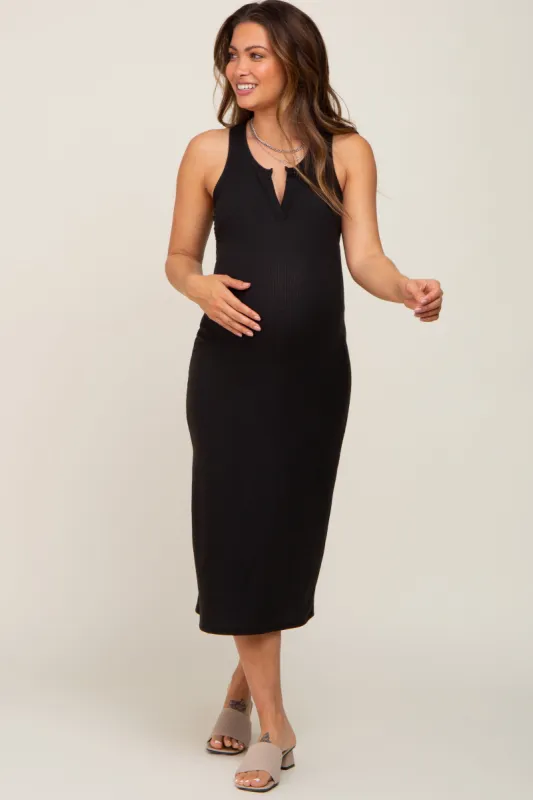 Black Sleeveless Ribbed Maternity Midi Dress sold by Pinkblush