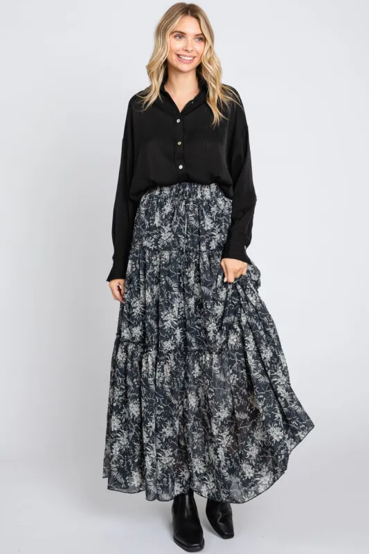 Charcoal Floral Chiffon Drawstring Tiered Midi Skirt sold by Pinkblush