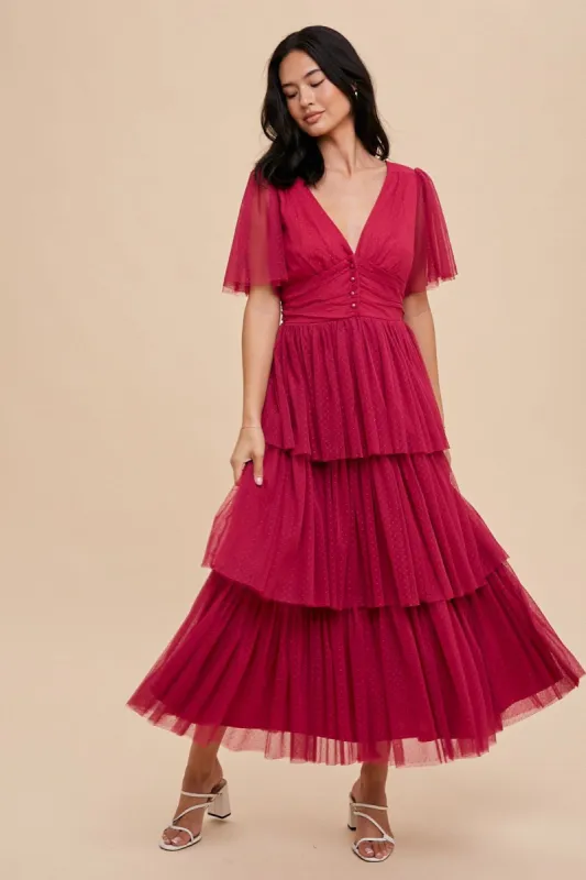 Magenta Swiss Dot Mesh Tiered Dress sold by Pinkblush