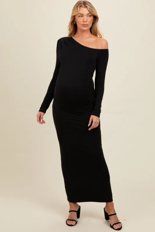 Black One Shoulder Long Sleeve Maternity Midi Dress sold by Pinkblush
