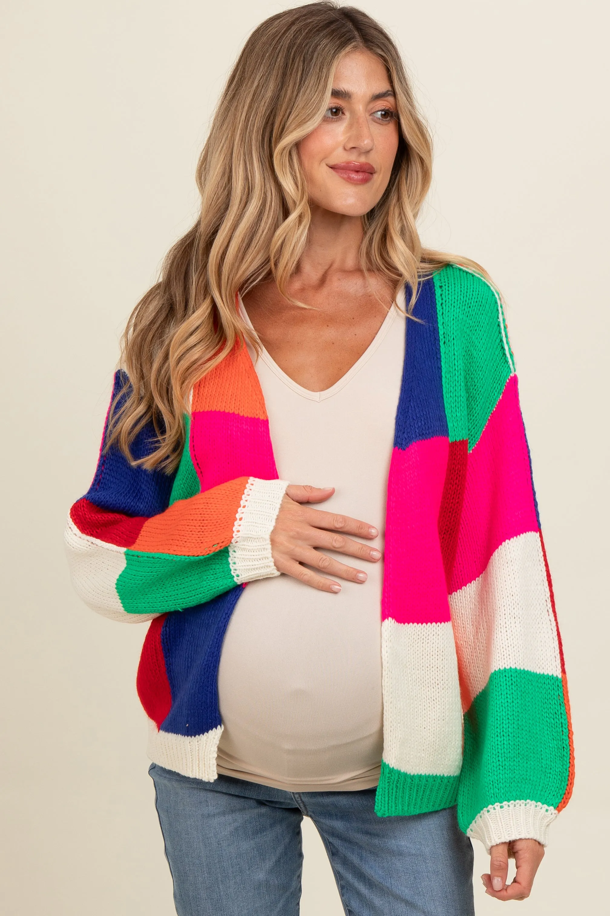 Multicolor Checkered Maternity Cardigan Sweater sold by Pinkblush