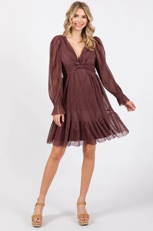 Plum Pleated Knotted Long Sleeve Dress sold by Pinkblush