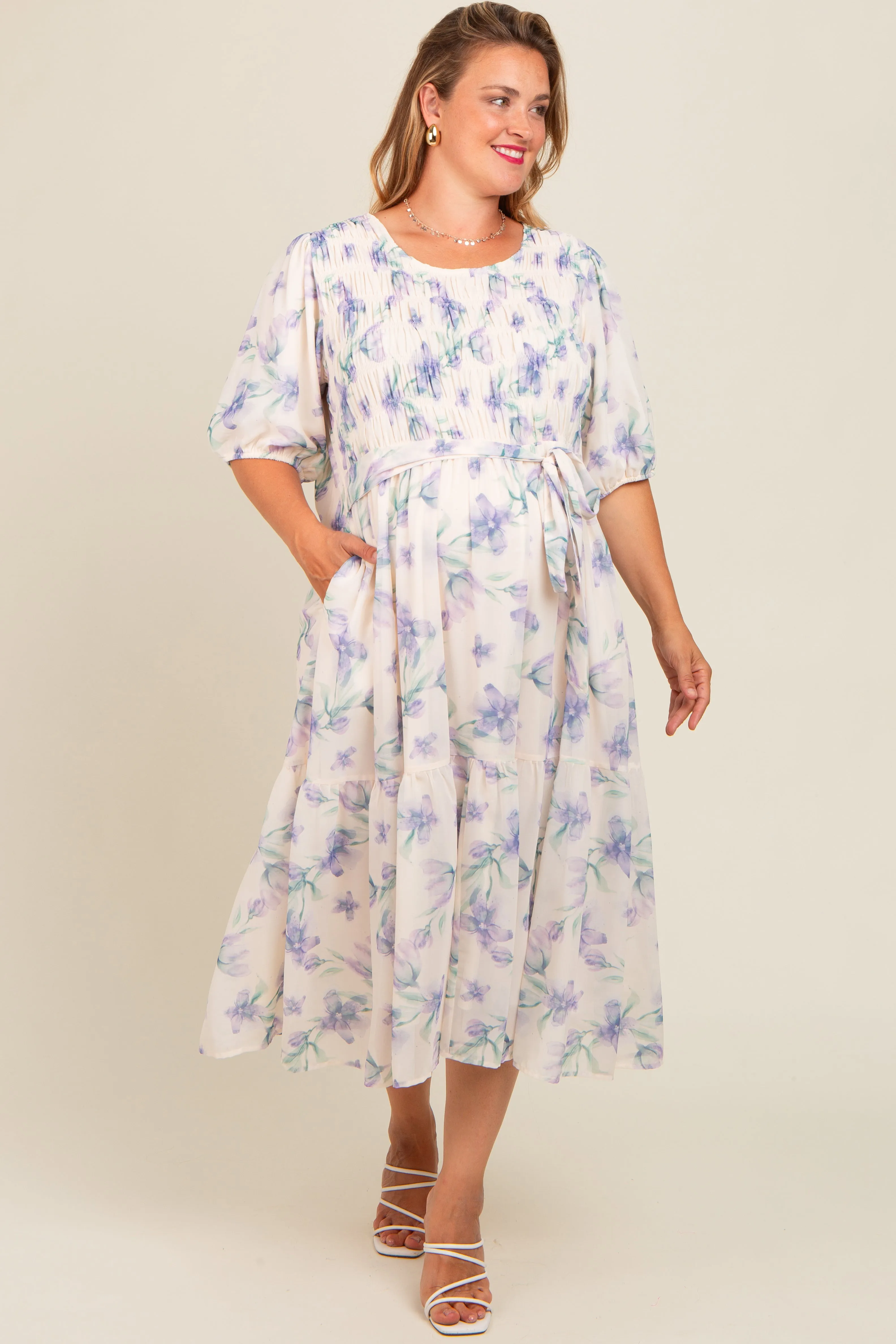 Ivory Floral Chiffon Smocked Maternity Plus Midi Dress sold by Pinkblush product image thumbnail 2