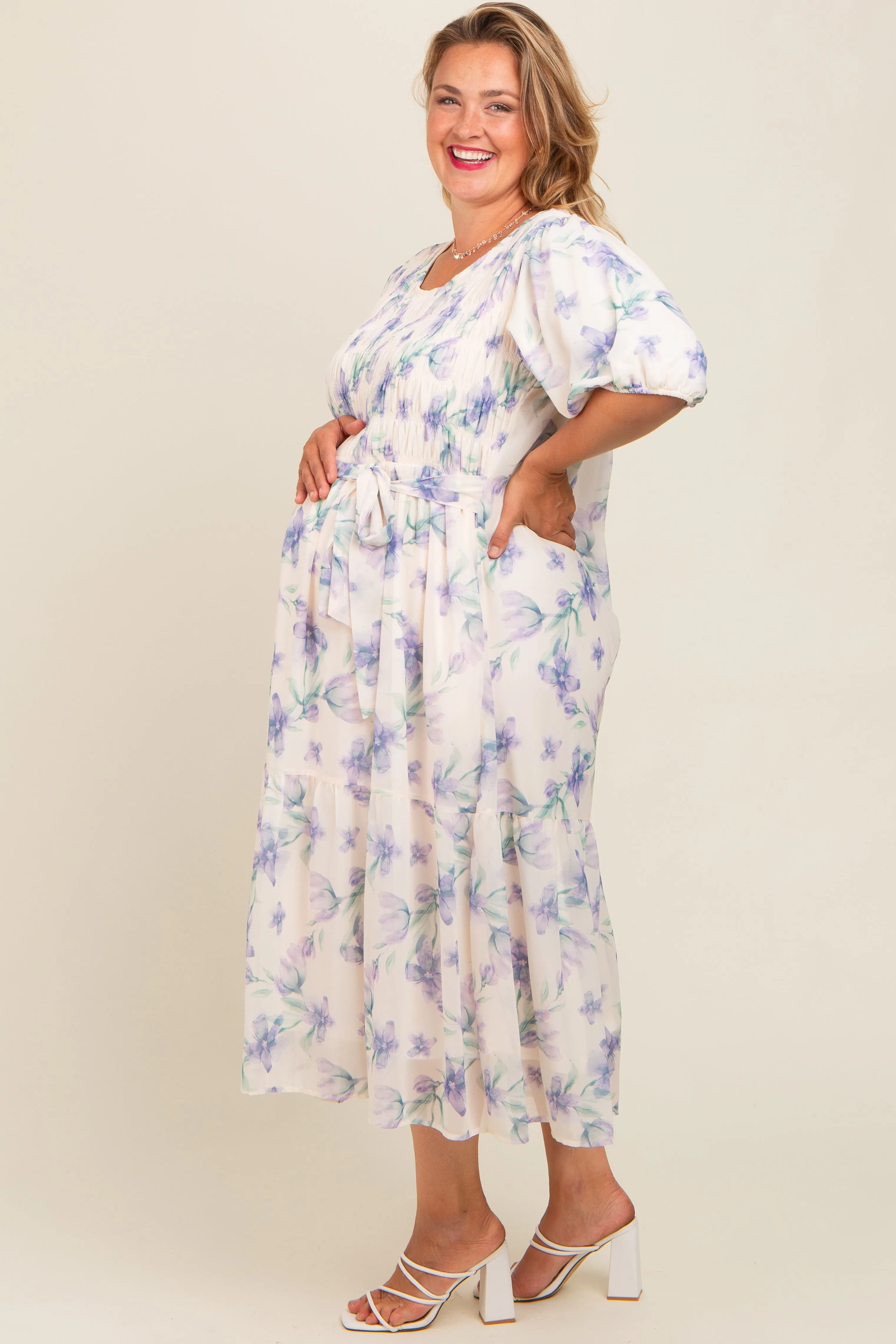 Ivory Floral Chiffon Smocked Maternity Plus Midi Dress sold by Pinkblush product image thumbnail 3