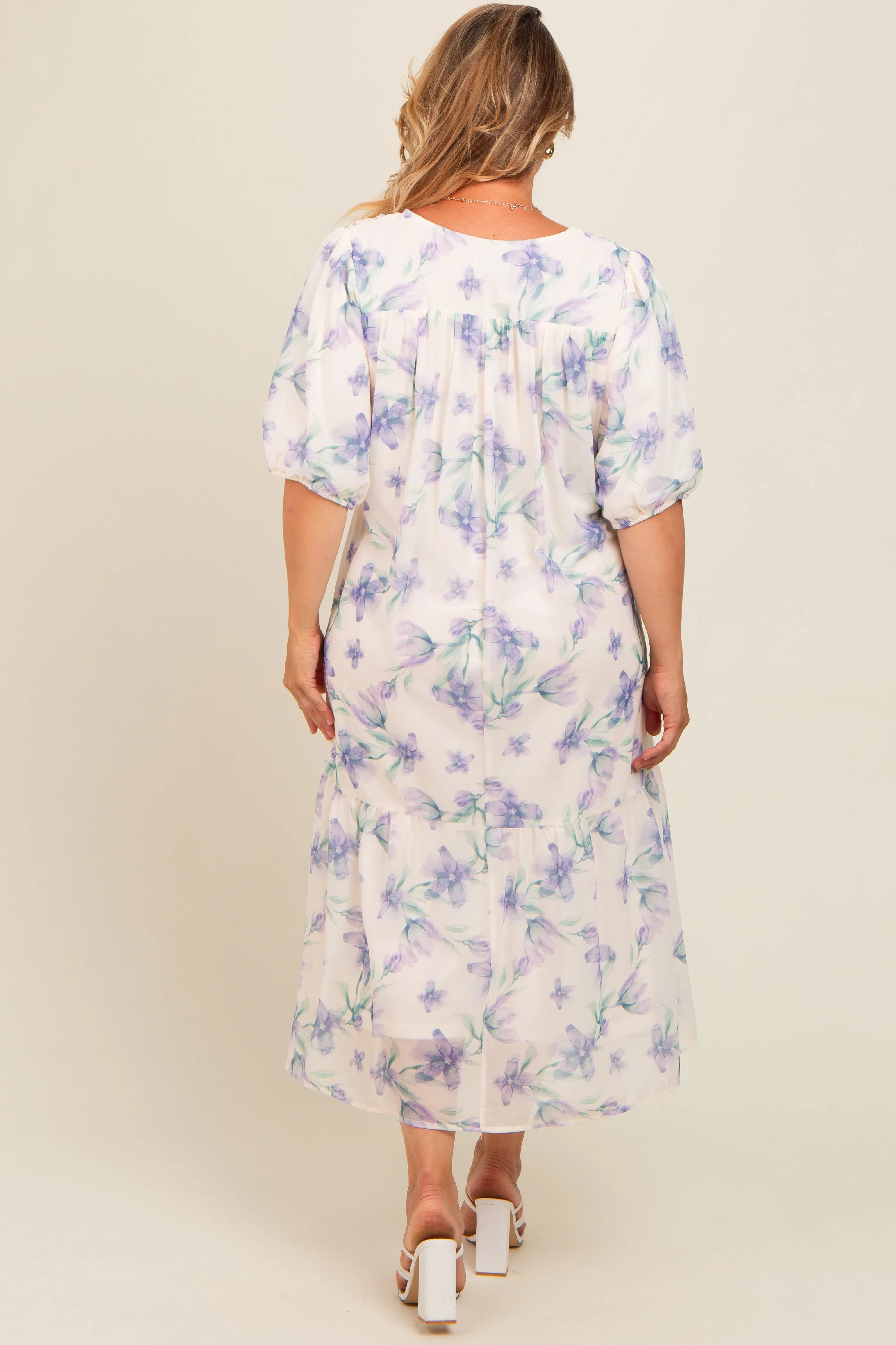 Ivory Floral Chiffon Smocked Maternity Plus Midi Dress sold by Pinkblush product image thumbnail 4