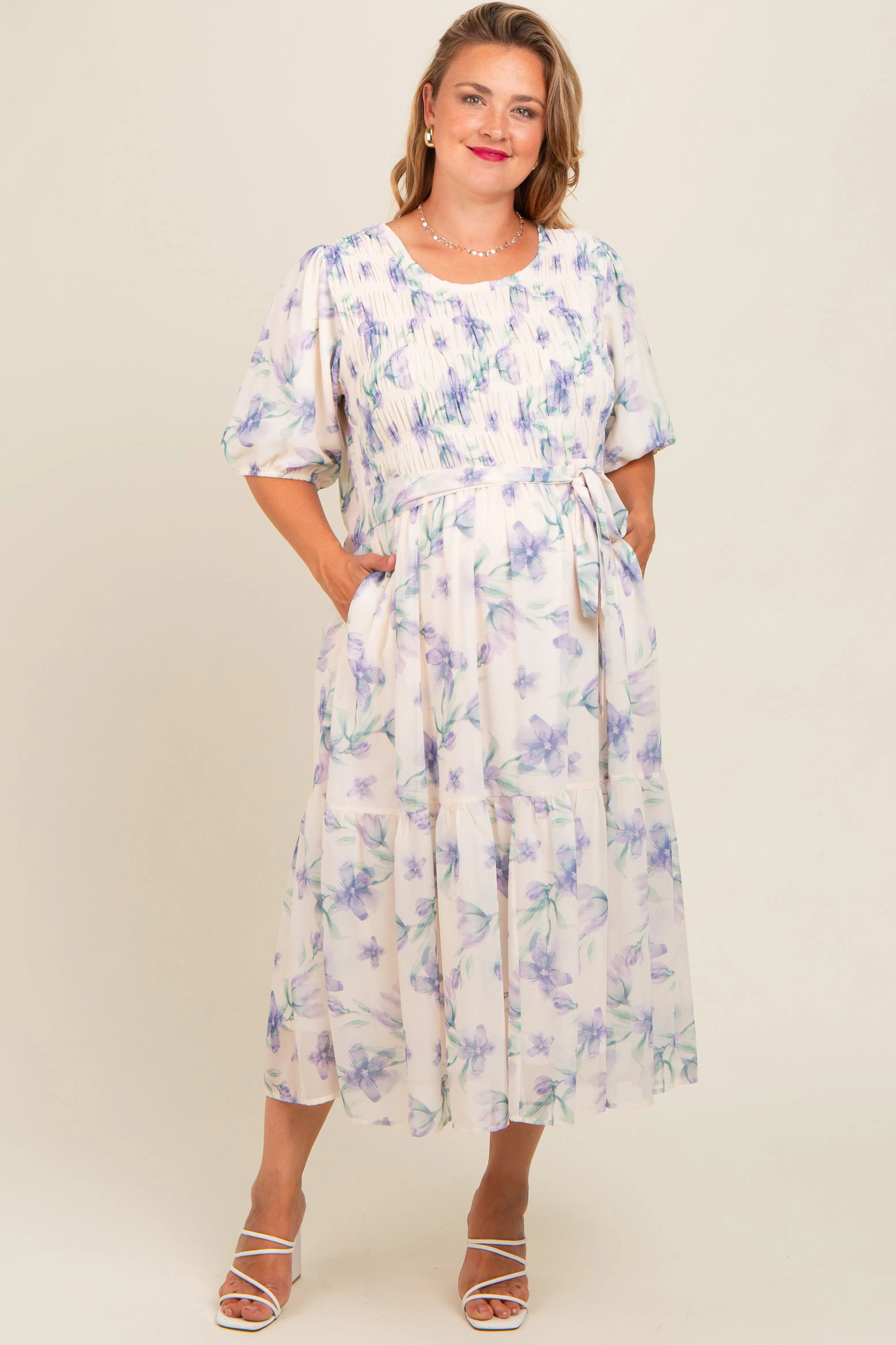 Ivory Floral Chiffon Smocked Maternity Plus Midi Dress sold by Pinkblush