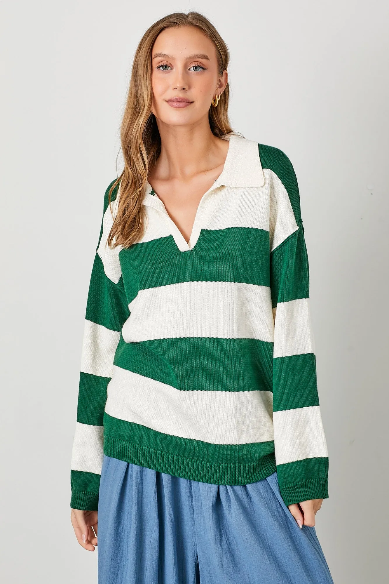 Hunter Green Wide Stripe Polo Sweater sold by Pinkblush